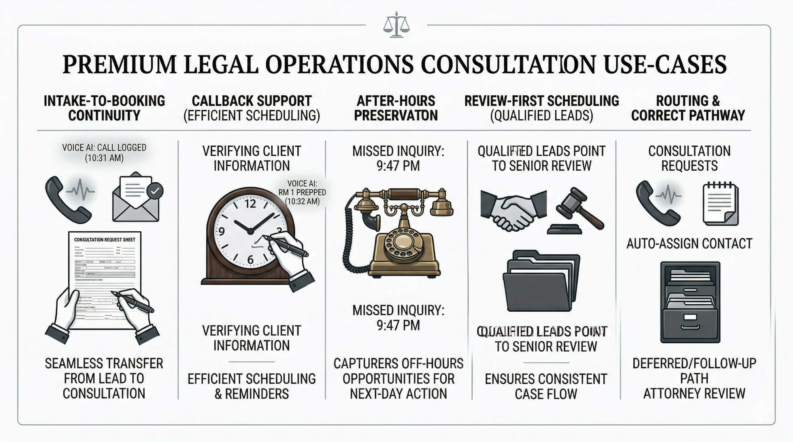 Consultation scheduling use cases shown as a premium law firm operations overview graphic