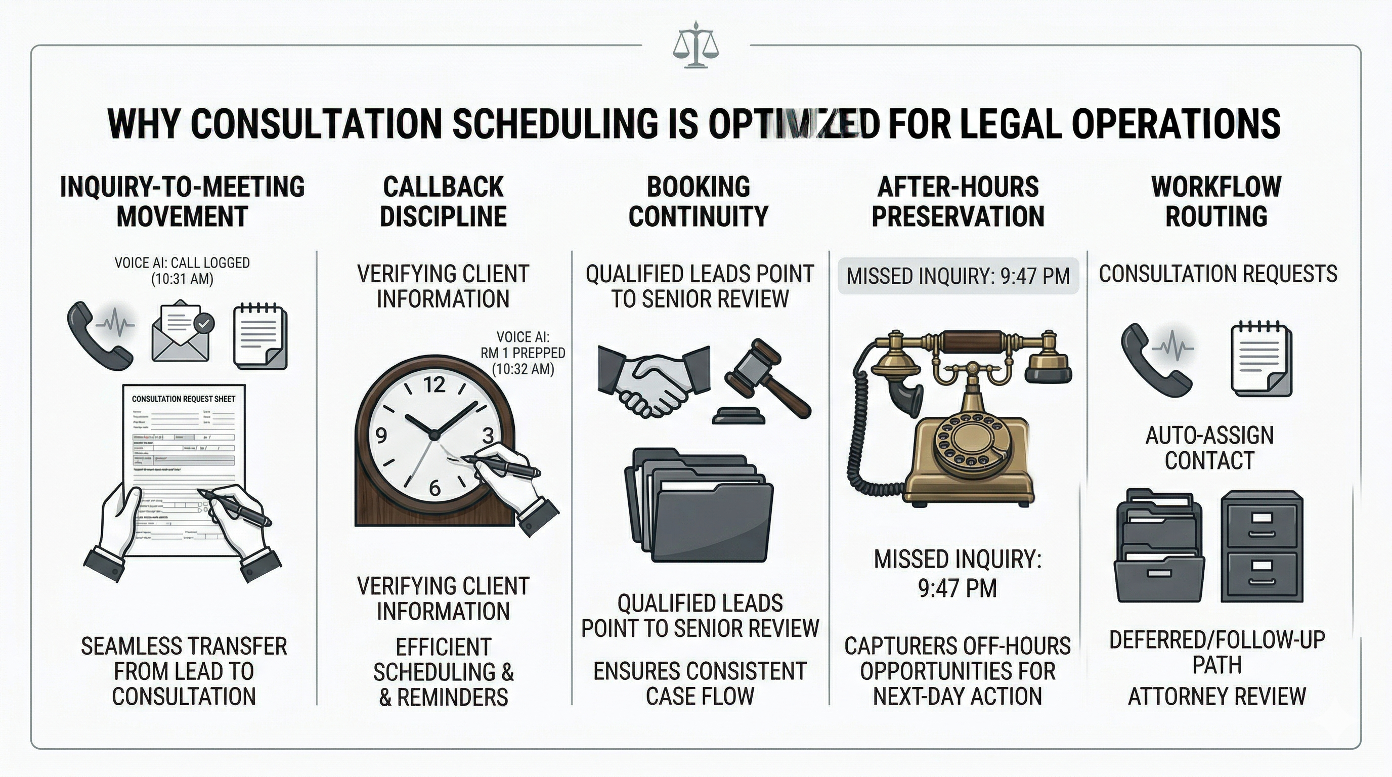 Why consultation scheduling is a strong fit for law firms shown as a premium legal category graphic
