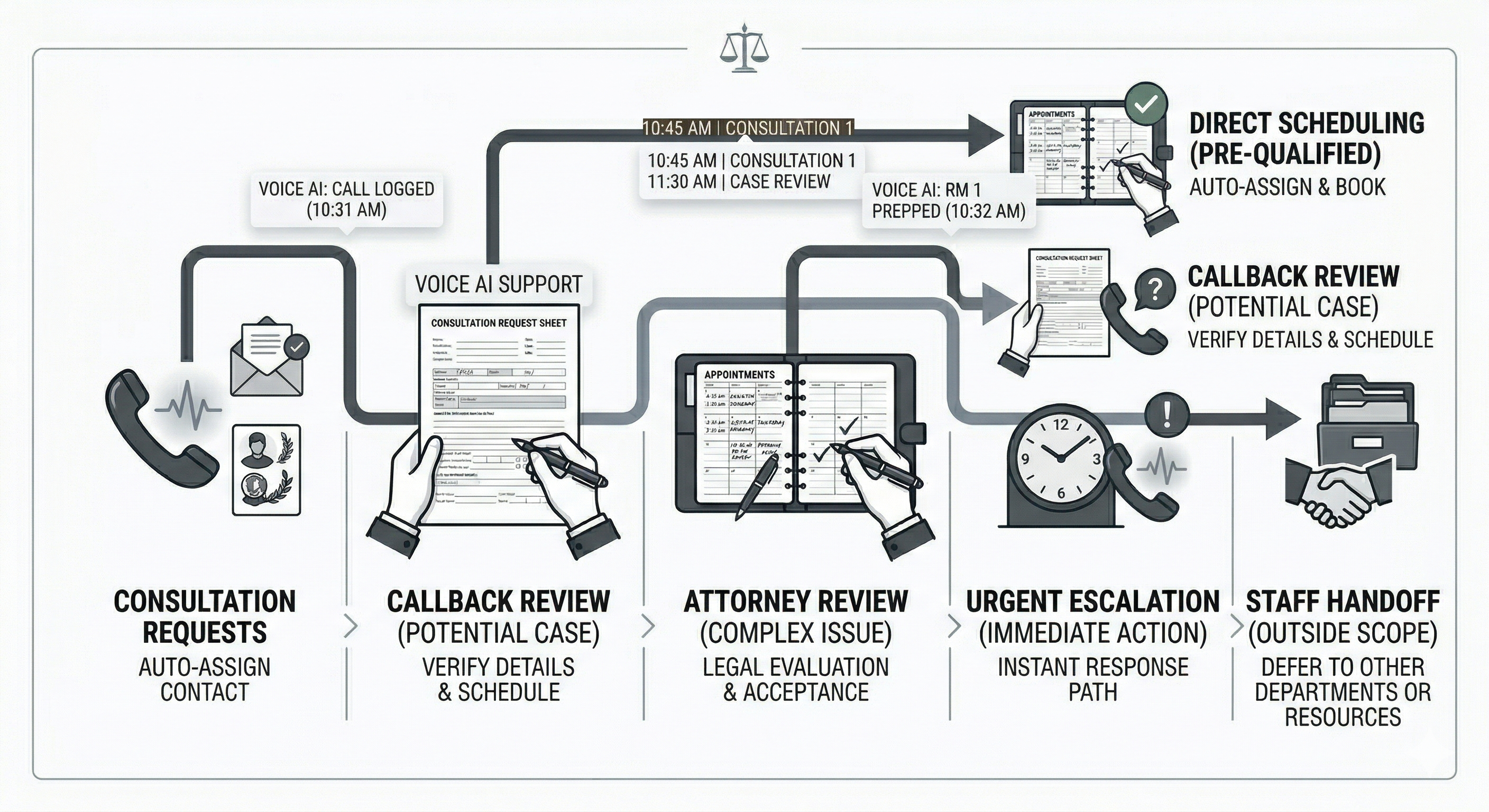 Consultation scheduling routing and workflow coordination shown in a premium law firm operations visual