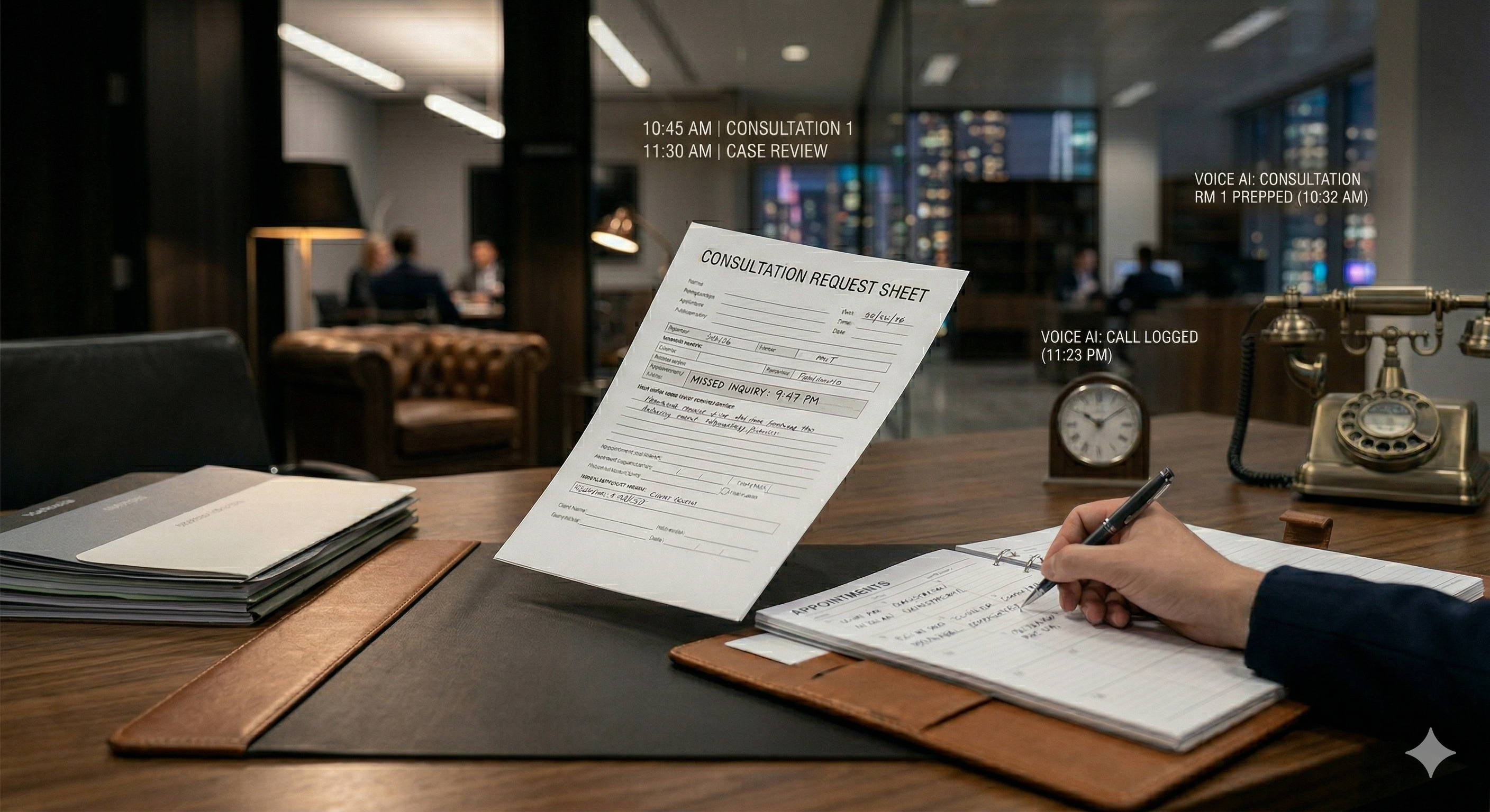 After-hours consultation scheduling workflow shown in a premium law firm operations visual
