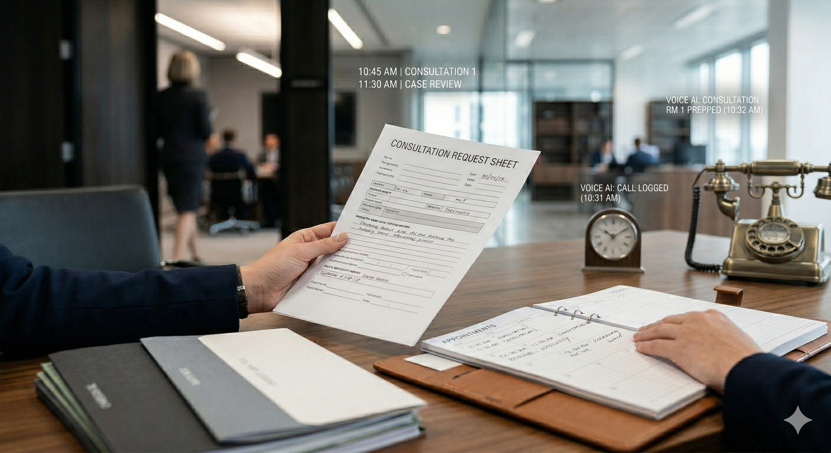 Consultation scheduling workflow shown in a premium law firm operations setting