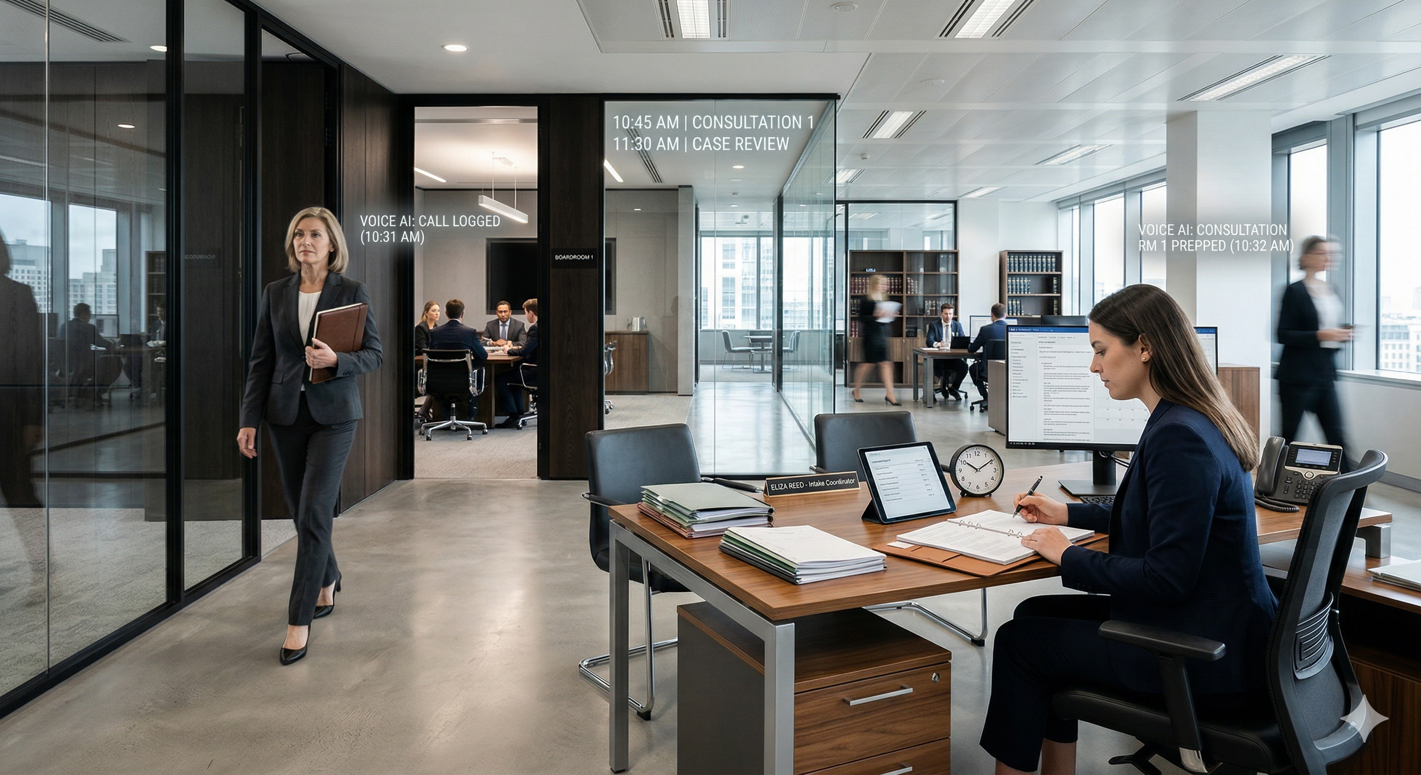 Law firm consultation scheduling workflow and intake coordination setting with subtle Voice AI support elements