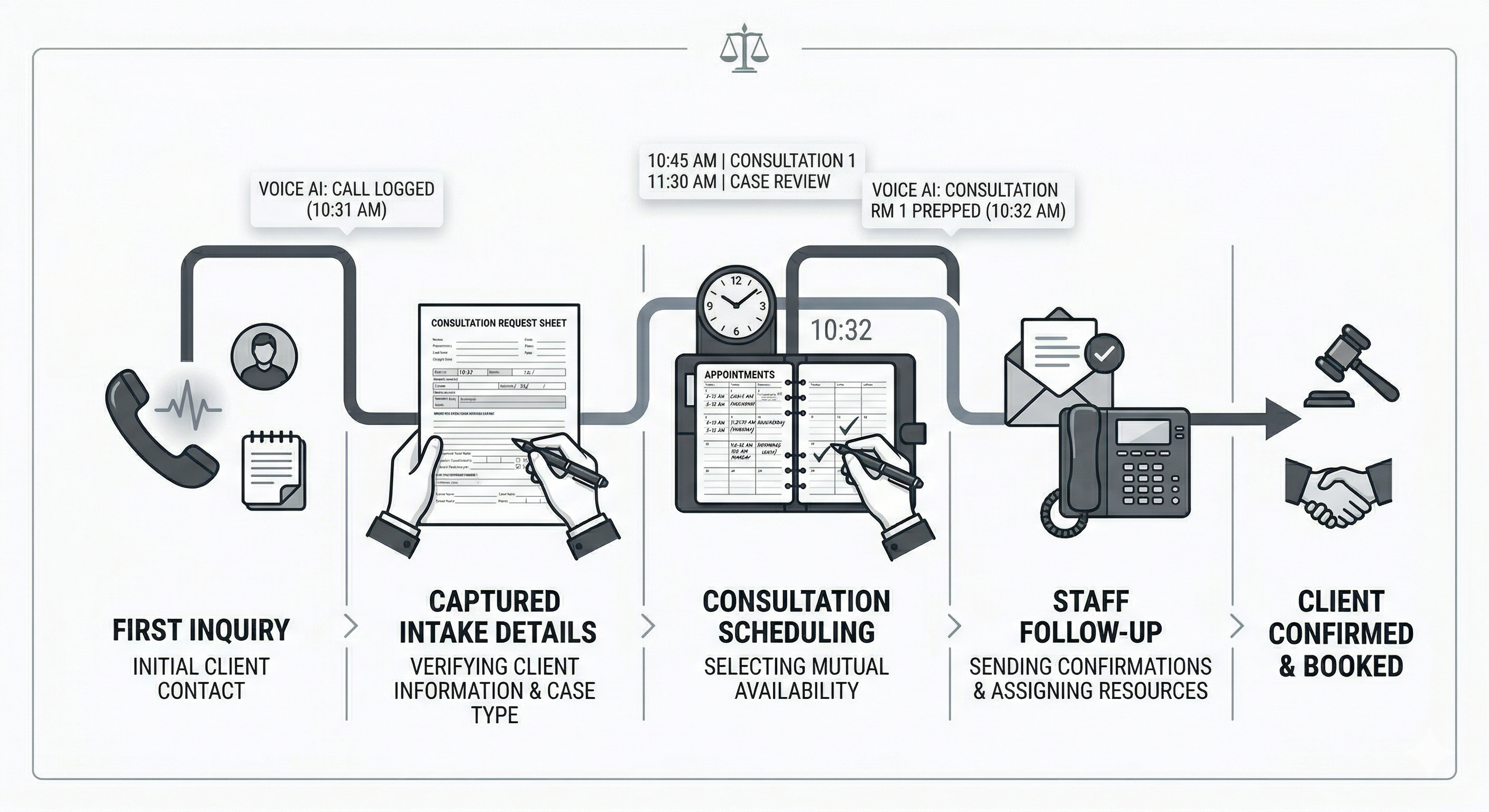 Law firm intake to consultation booking workflow shown through a premium legal operations visual