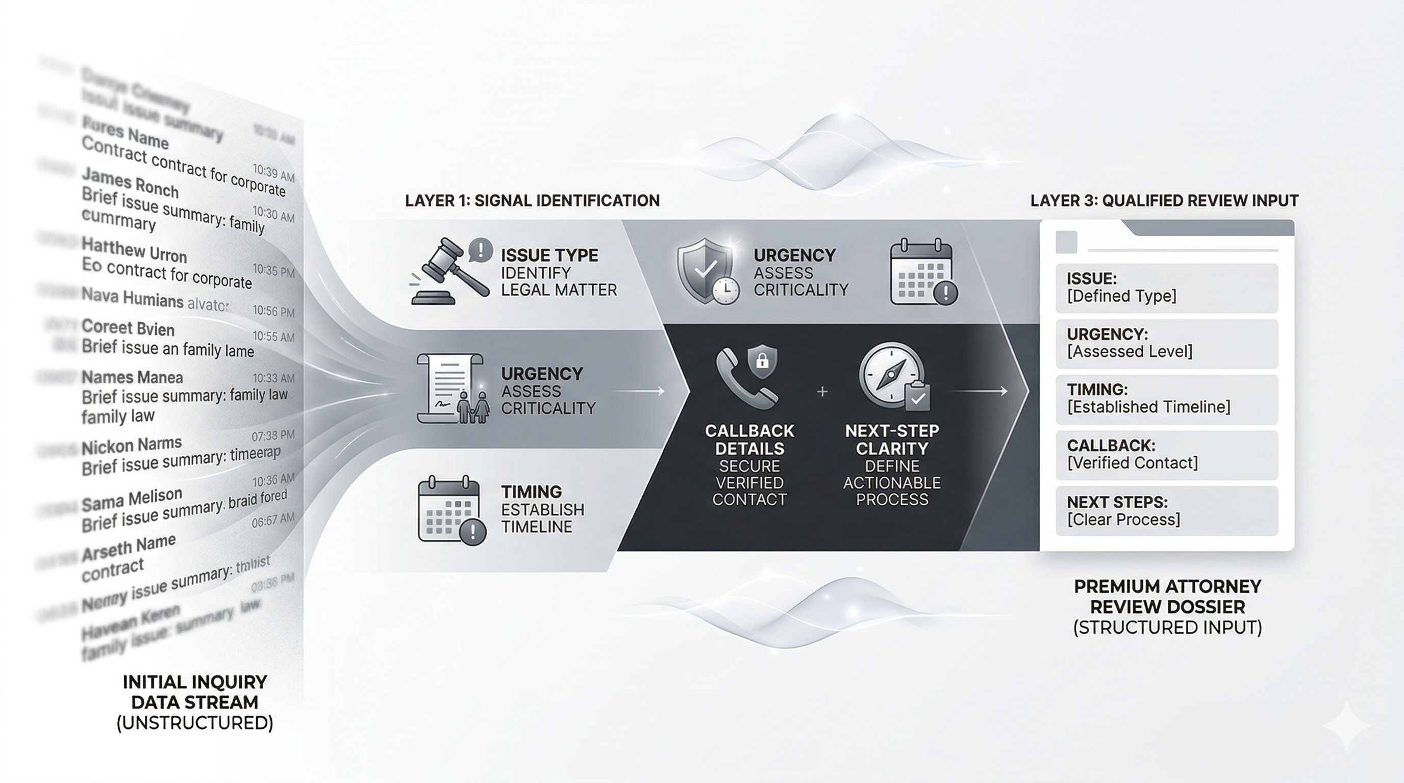 Legal lead qualification signals shown in a premium law firm operations visual