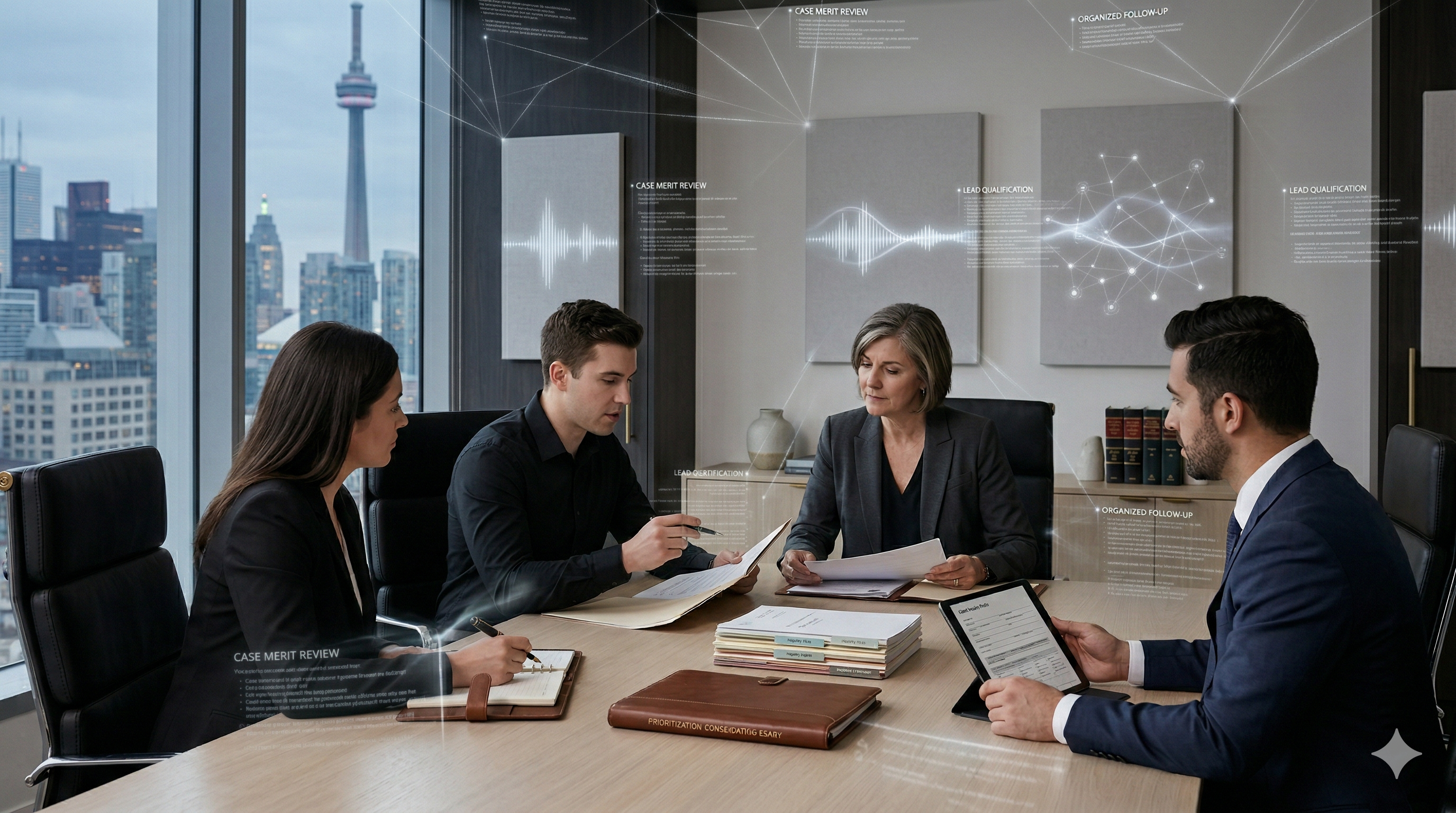 Legal lead qualification workflow shown in a premium law firm operations setting