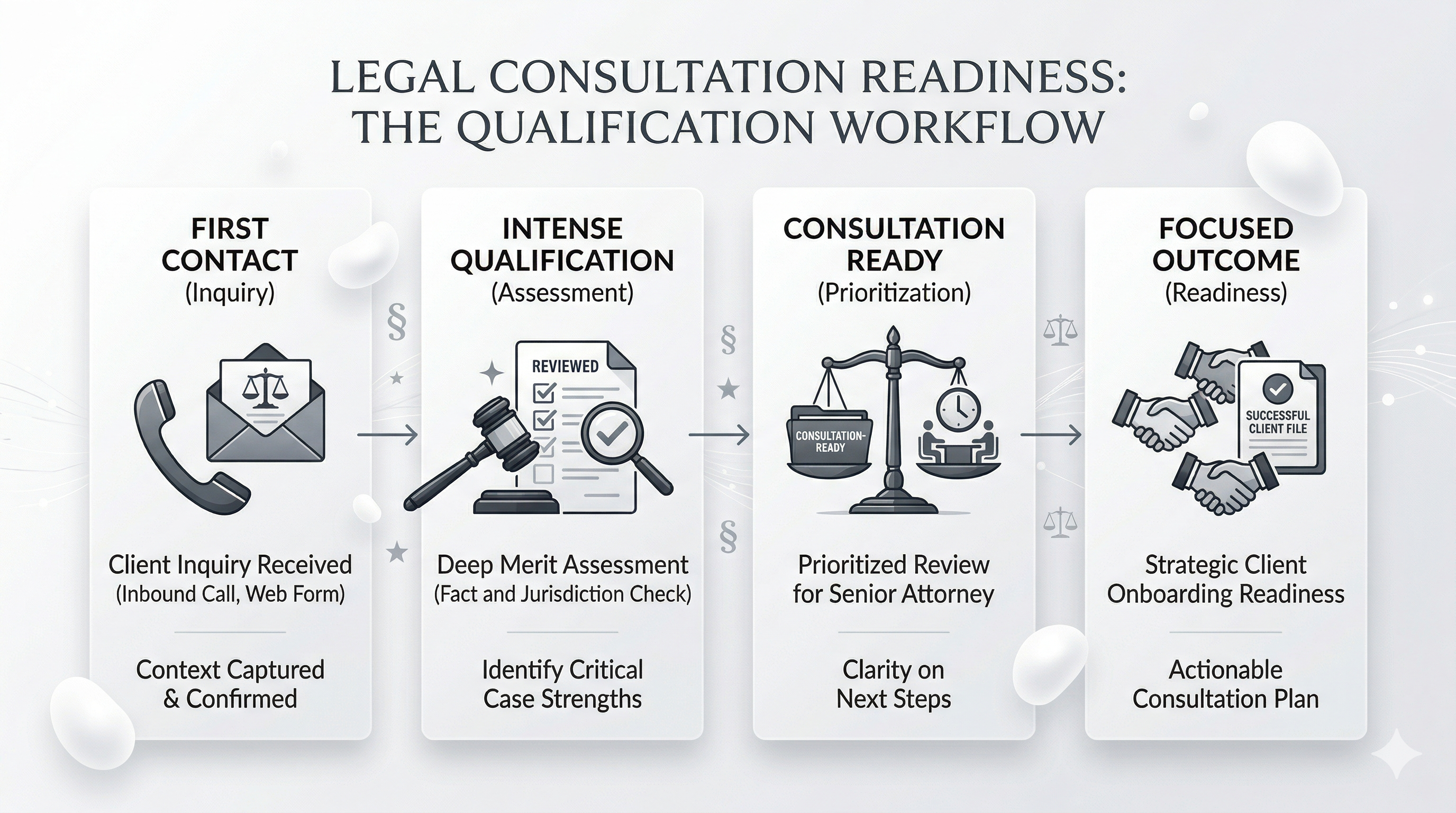 Legal lead qualification improving consultation readiness shown through a premium law firm operations visual