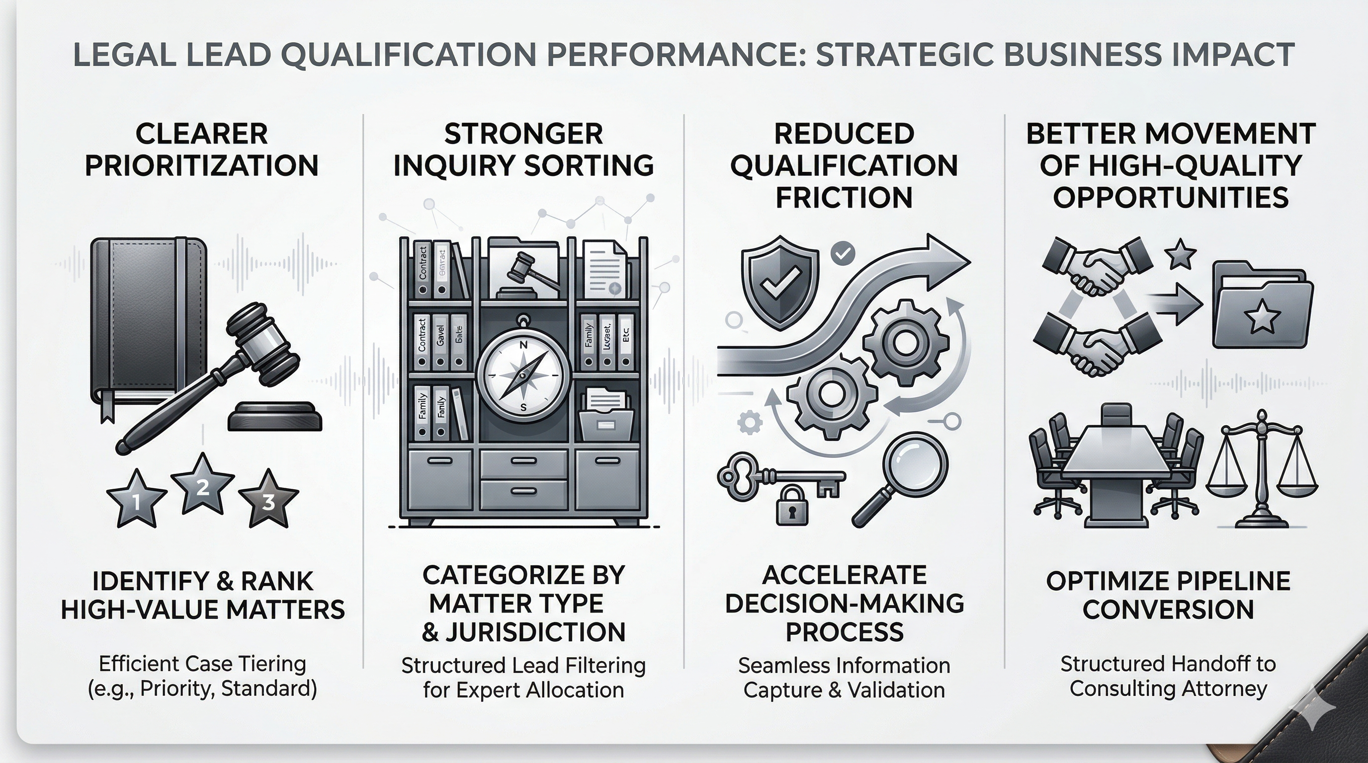 Business impact overview for legal lead qualification shown as a premium legal executive graphic