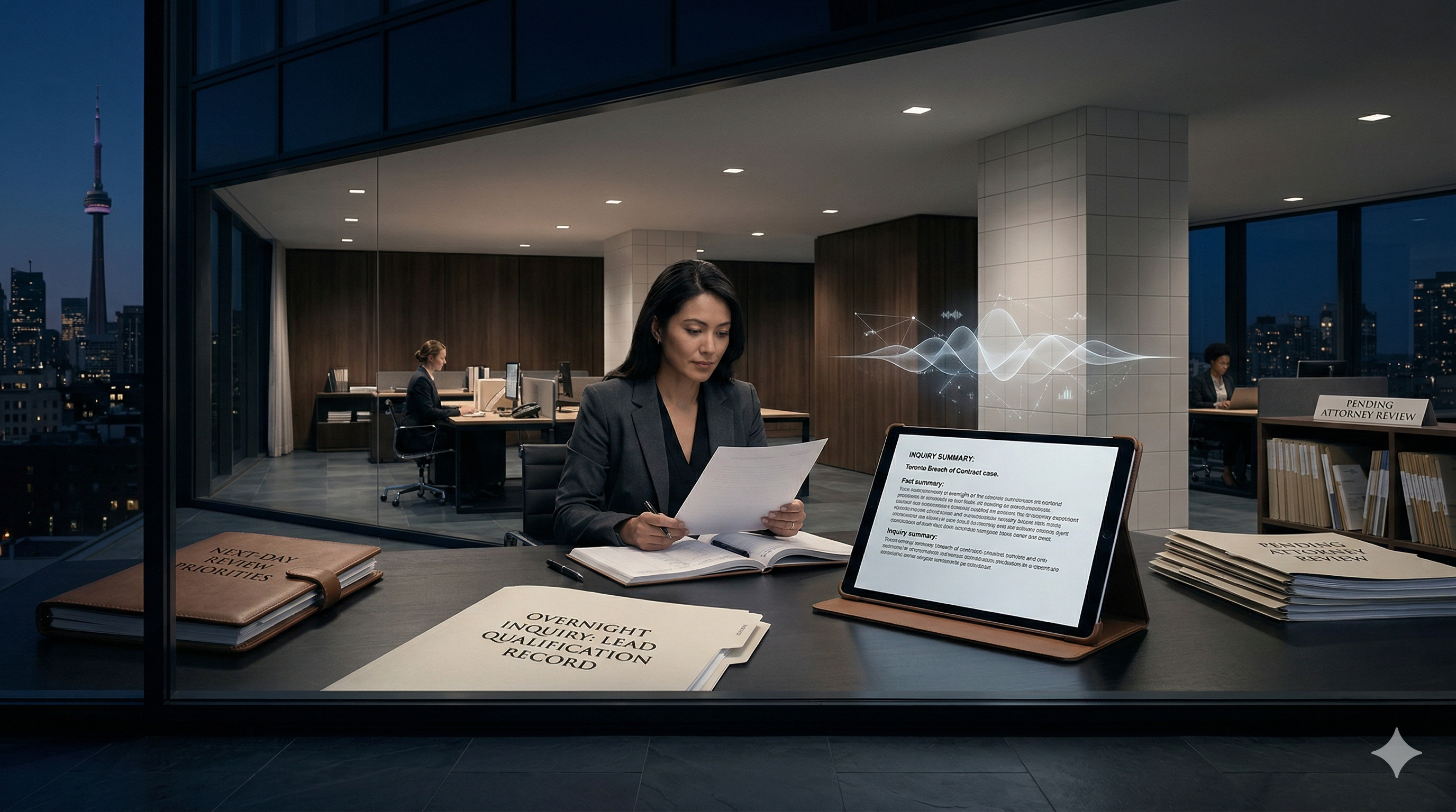 After-hours legal lead qualification shown in a premium law firm workflow visual