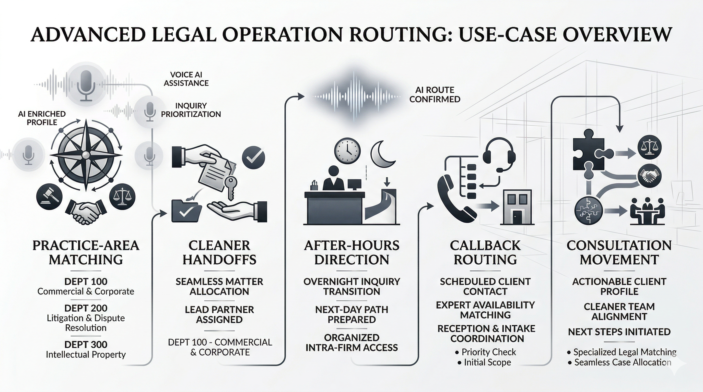 Multi-practice call routing use cases shown as a premium law firm operations overview graphic