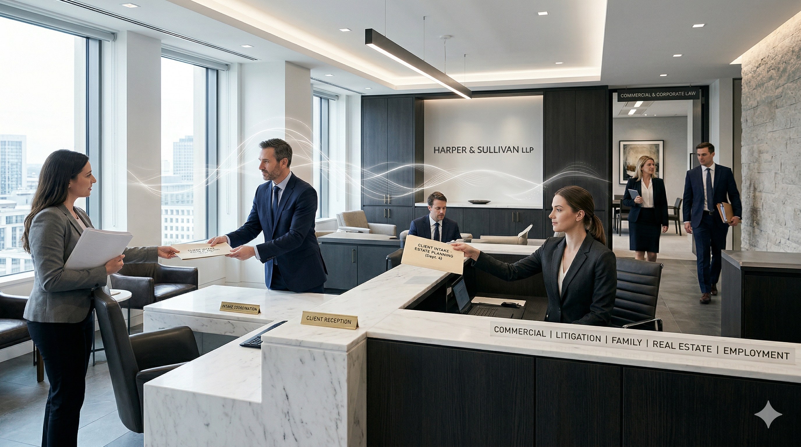 Multi-practice legal call routing environment with subtle Voice AI support elements in the background