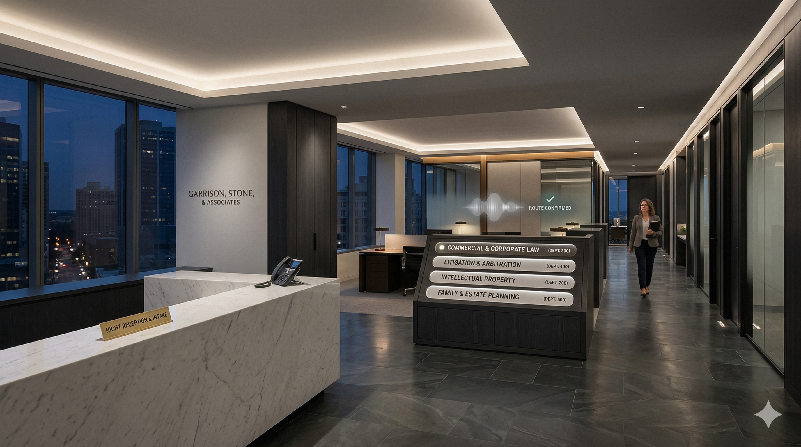 After-hours multi-practice legal call routing shown in a premium law firm workflow visual