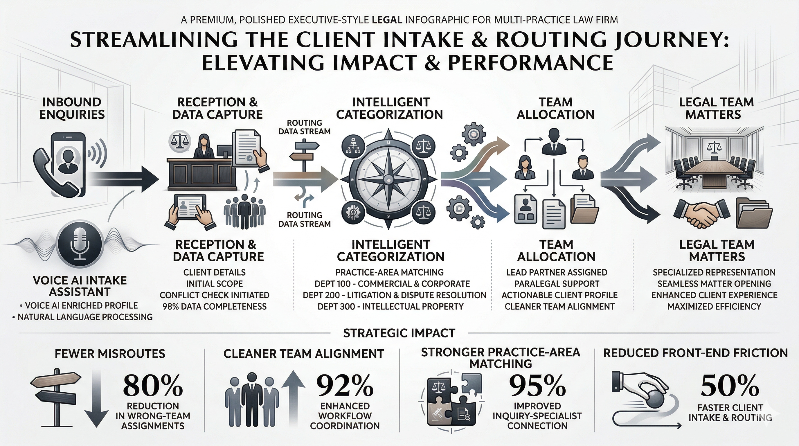 Clean handoffs between legal teams shown in a premium multi-practice law firm operations visual