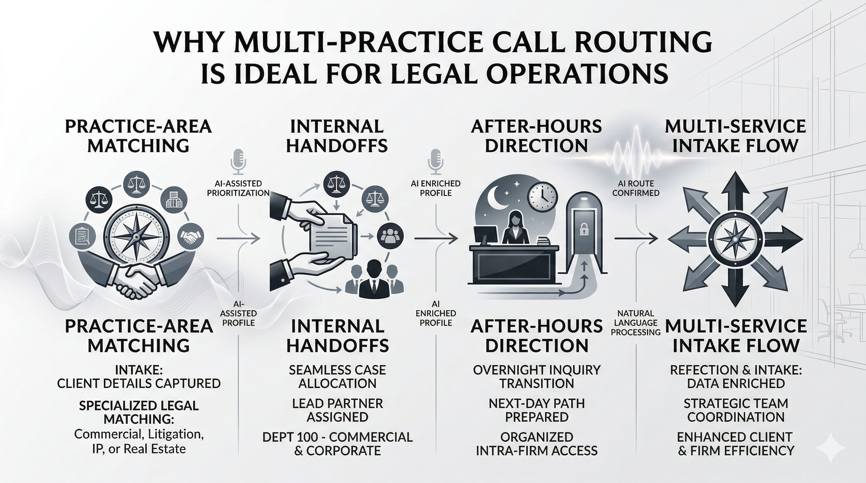 Why multi-practice call routing is a strong fit for law firms shown as a premium legal category graphic