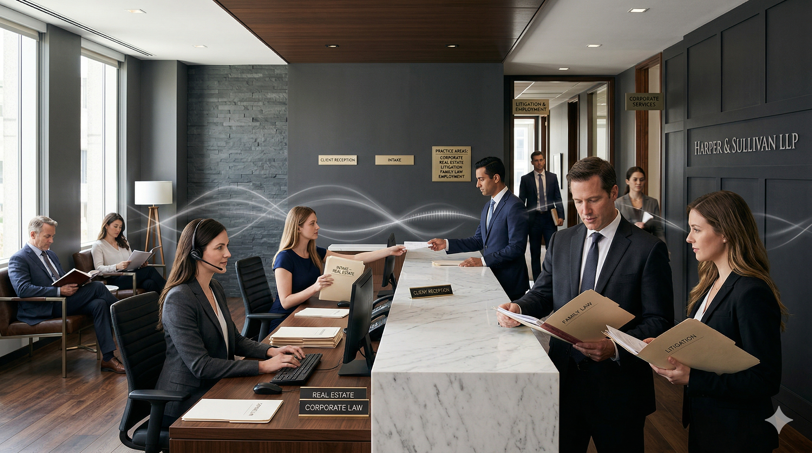 Multi-practice legal call routing workflow shown in a premium law firm operations setting