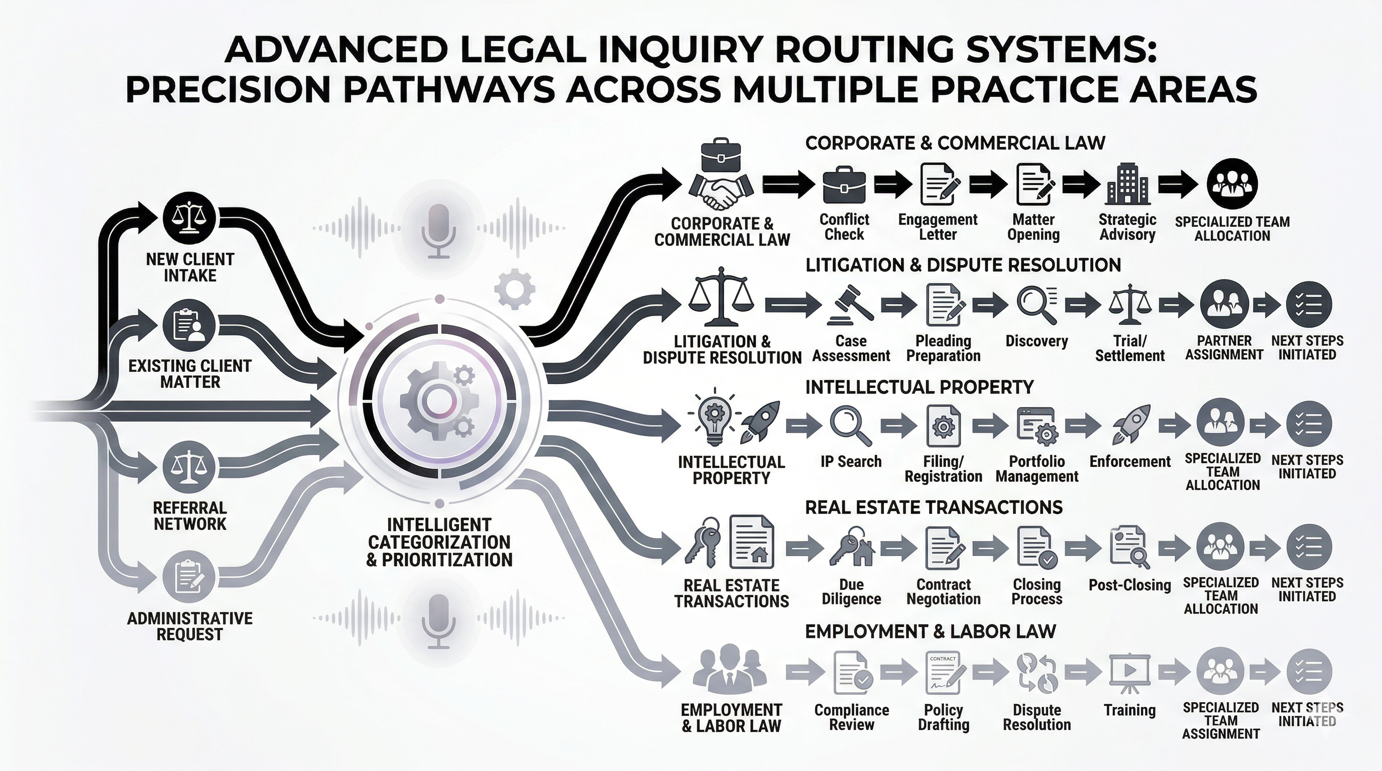 Multi-practice legal routing logic shown in a premium law firm operations visual