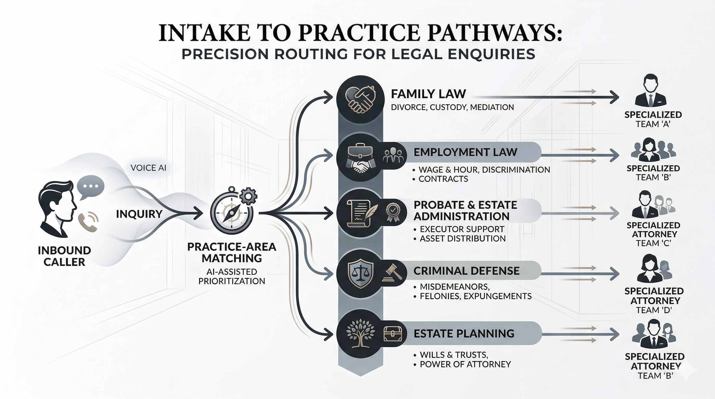 Practice-area matching and call routing workflow shown through a premium law firm operations visual