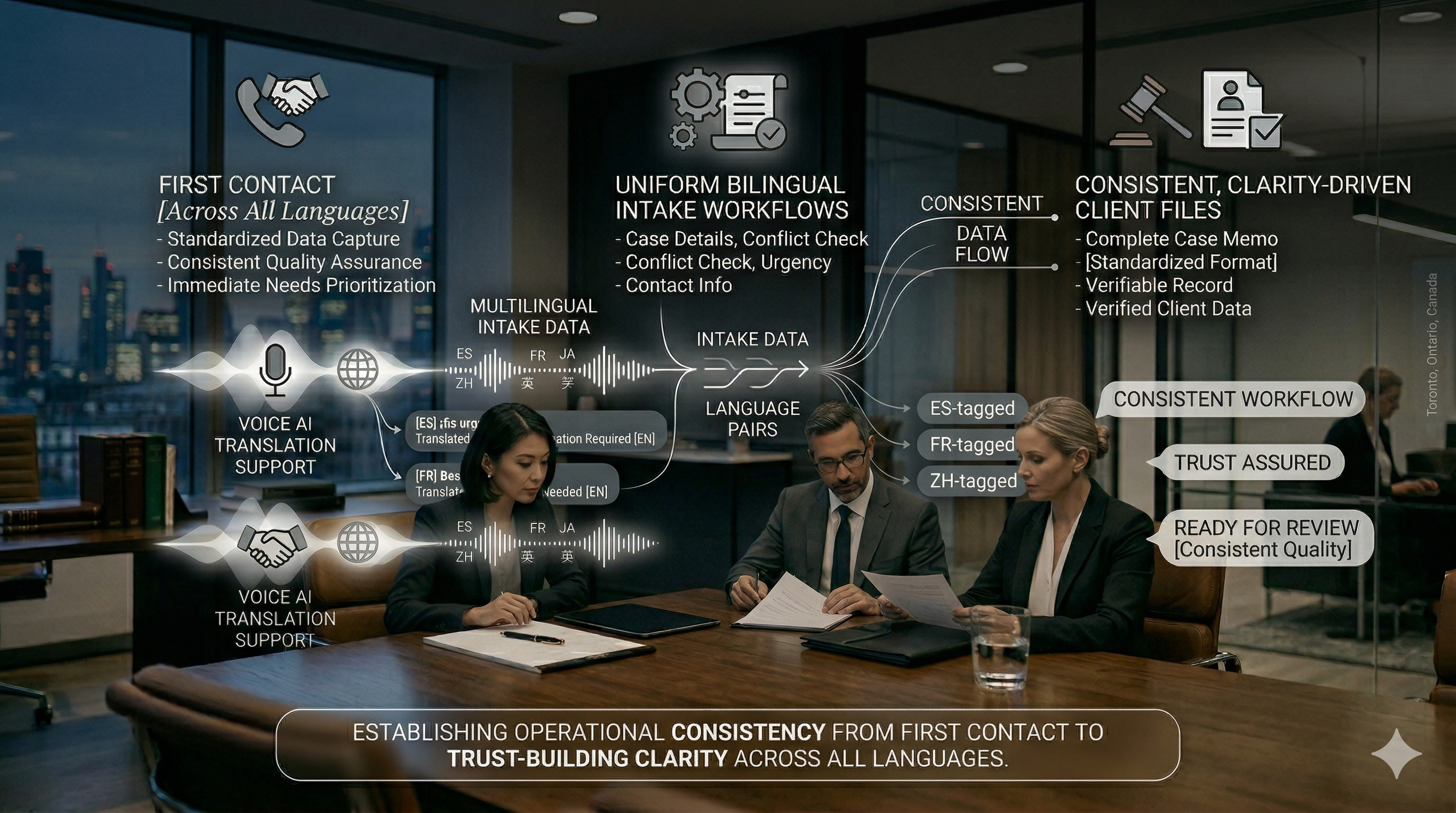 Consistent bilingual legal intake Voice AI workflow shown in a premium law firm operations visual
