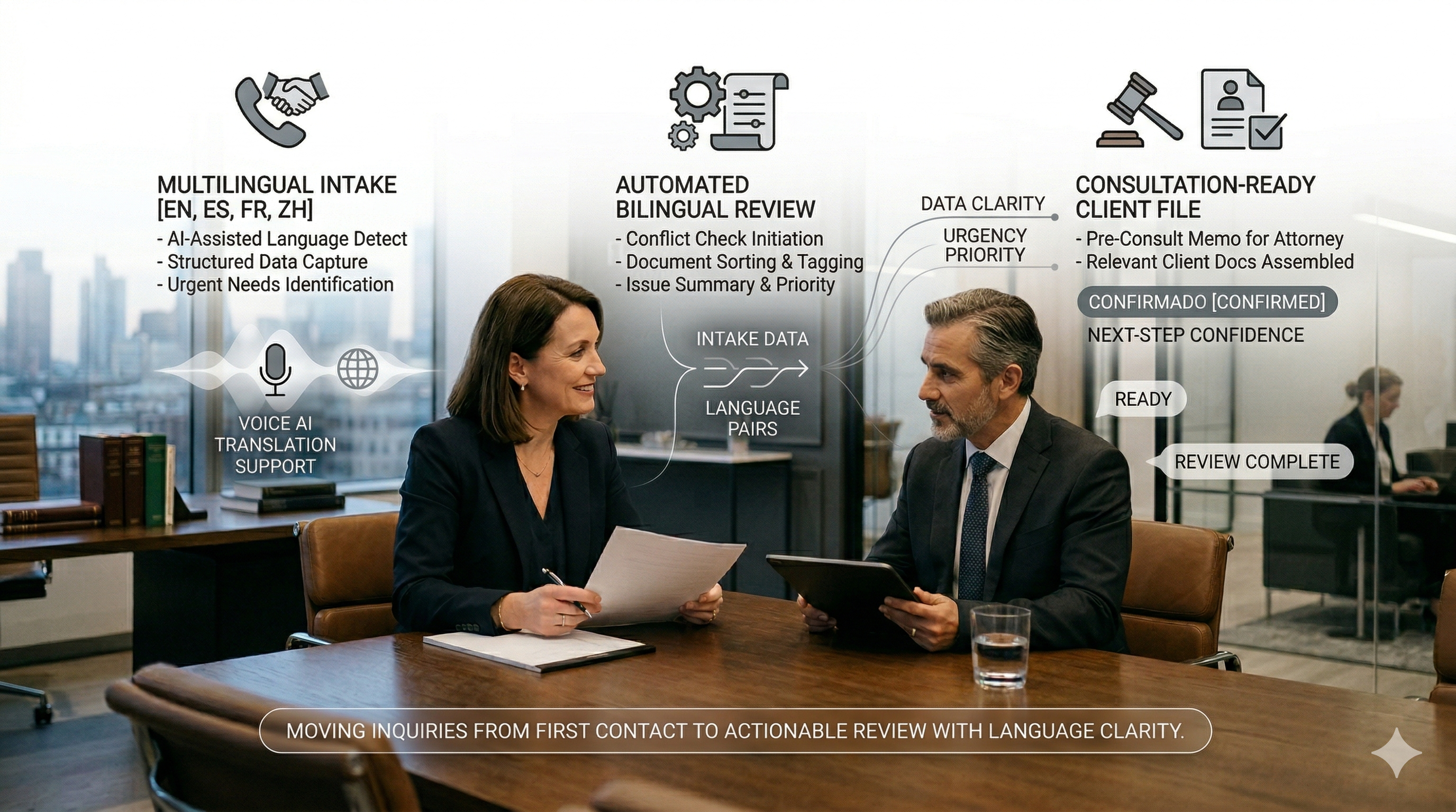 Bilingual legal intake Voice AI improving consultation readiness in a premium law firm workflow visual