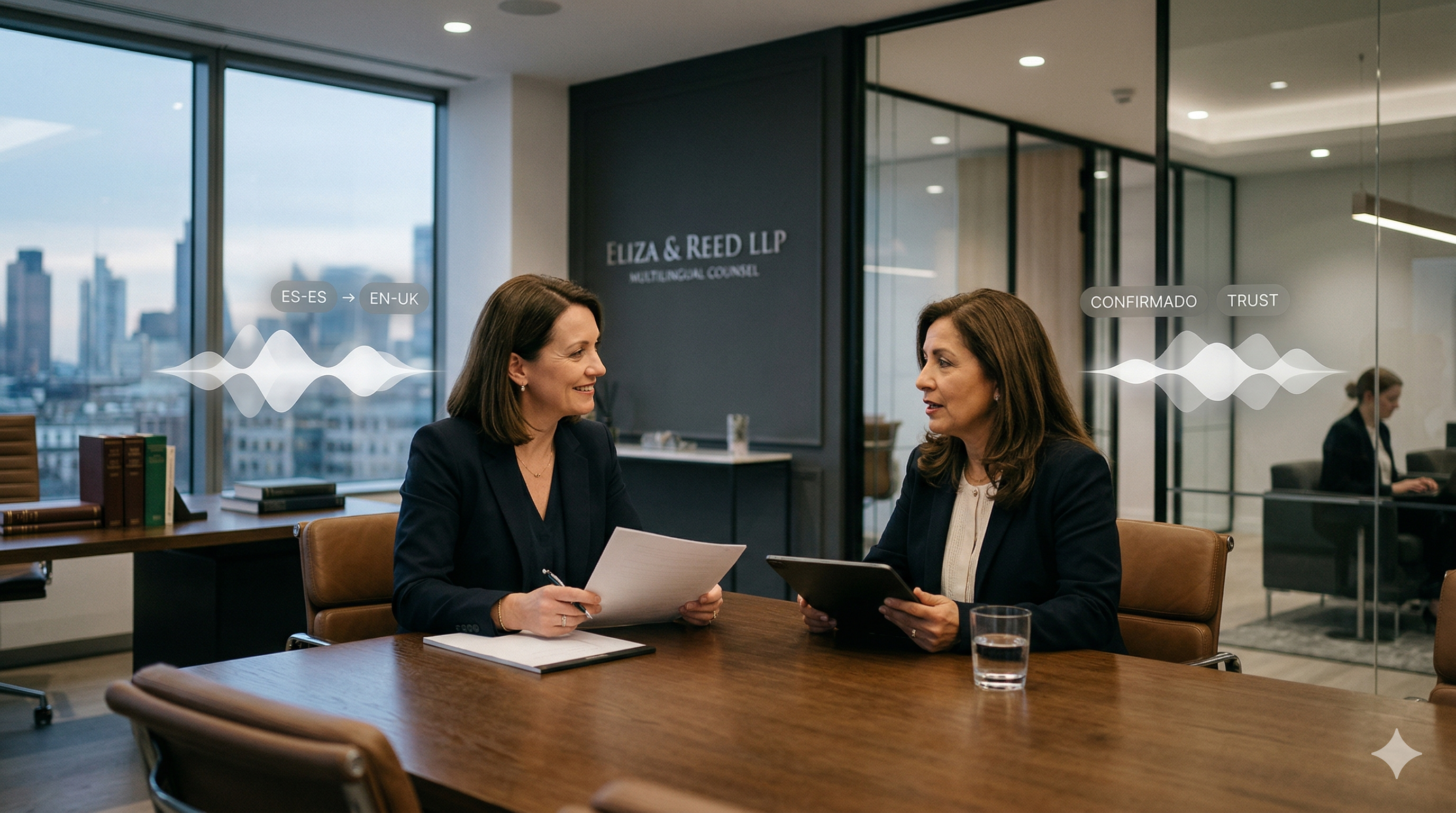 Bilingual legal intake Voice AI environment with subtle support elements in a professional law firm setting