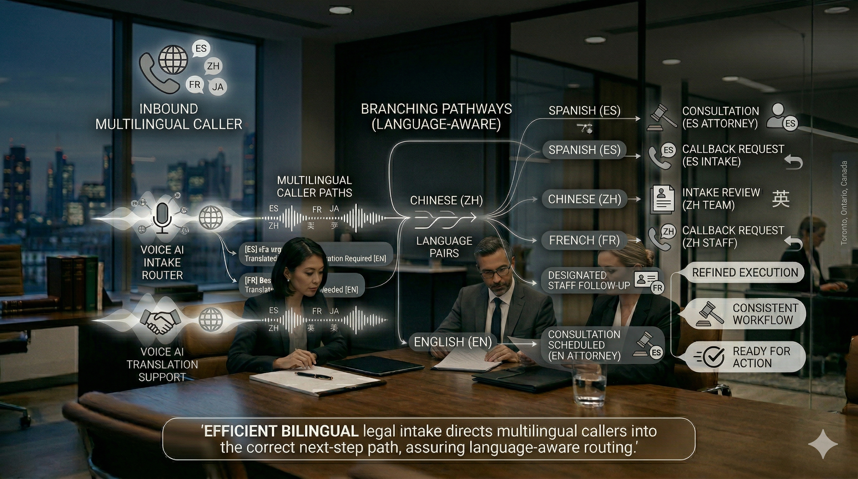 Bilingual legal intake Voice AI routing workflow shown in a premium law firm operations visual