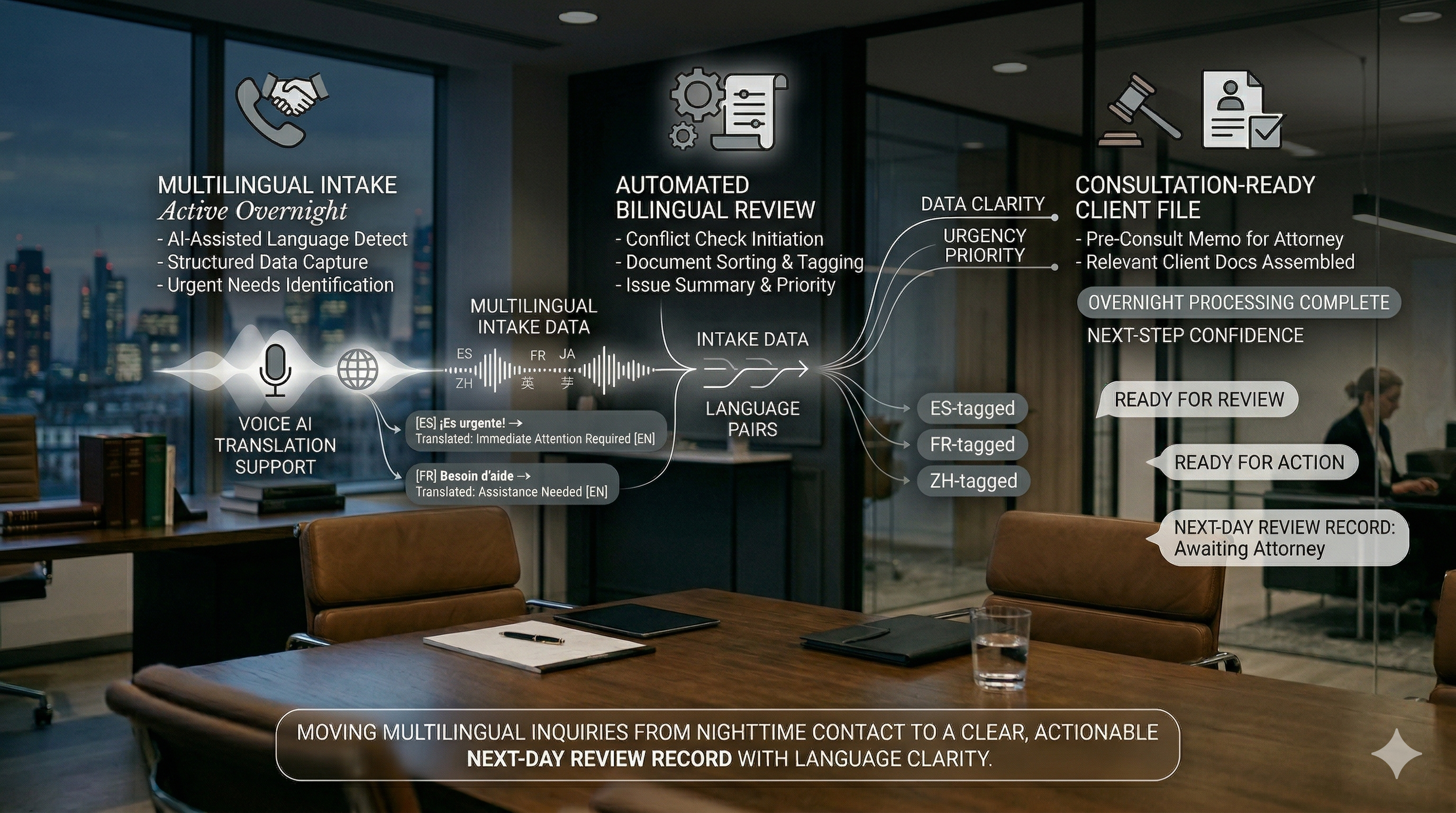 After-hours bilingual legal intake Voice AI shown in a premium law firm workflow visual