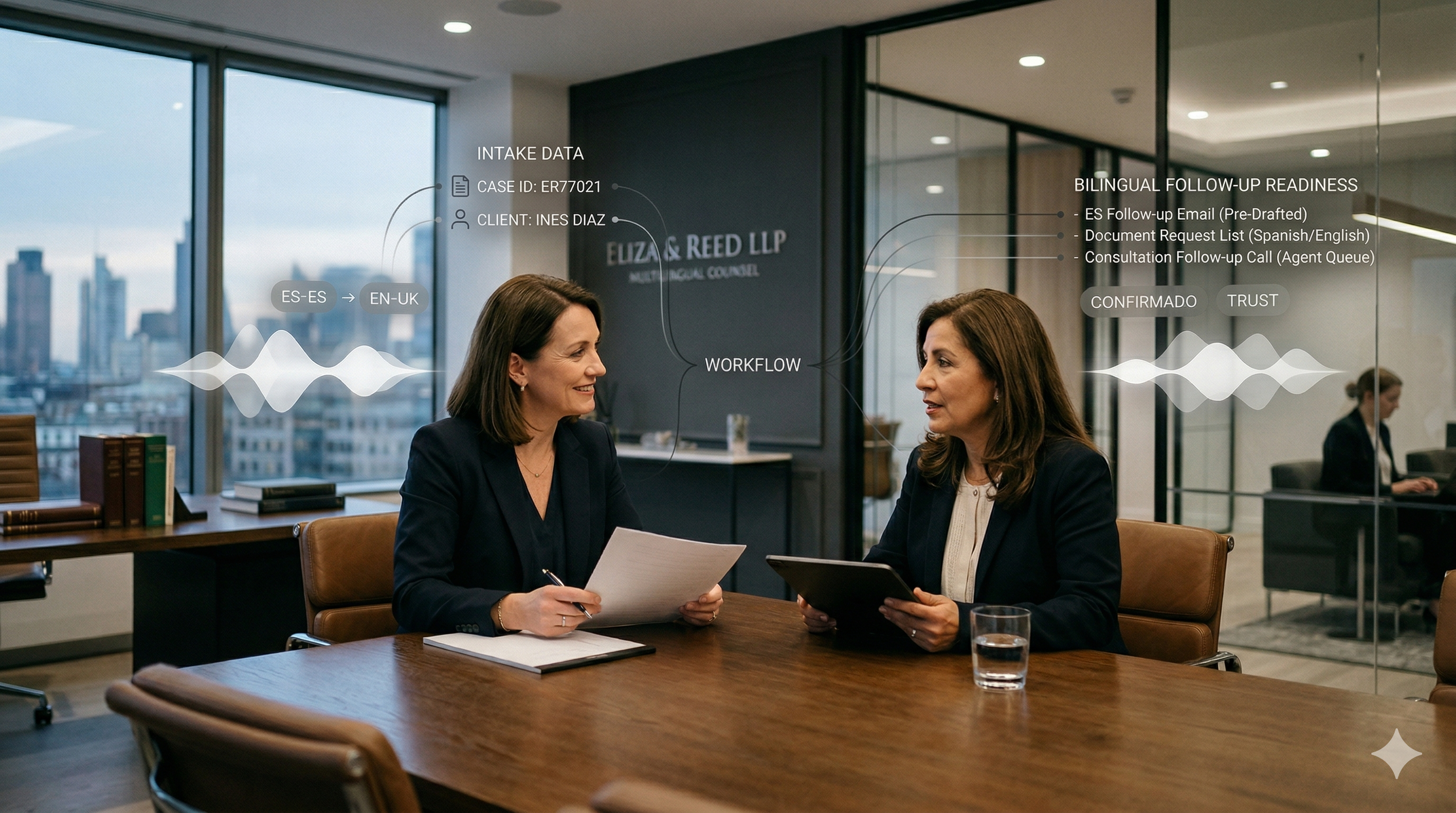 Bilingual legal intake Voice AI workflow shown in a premium law firm operations setting