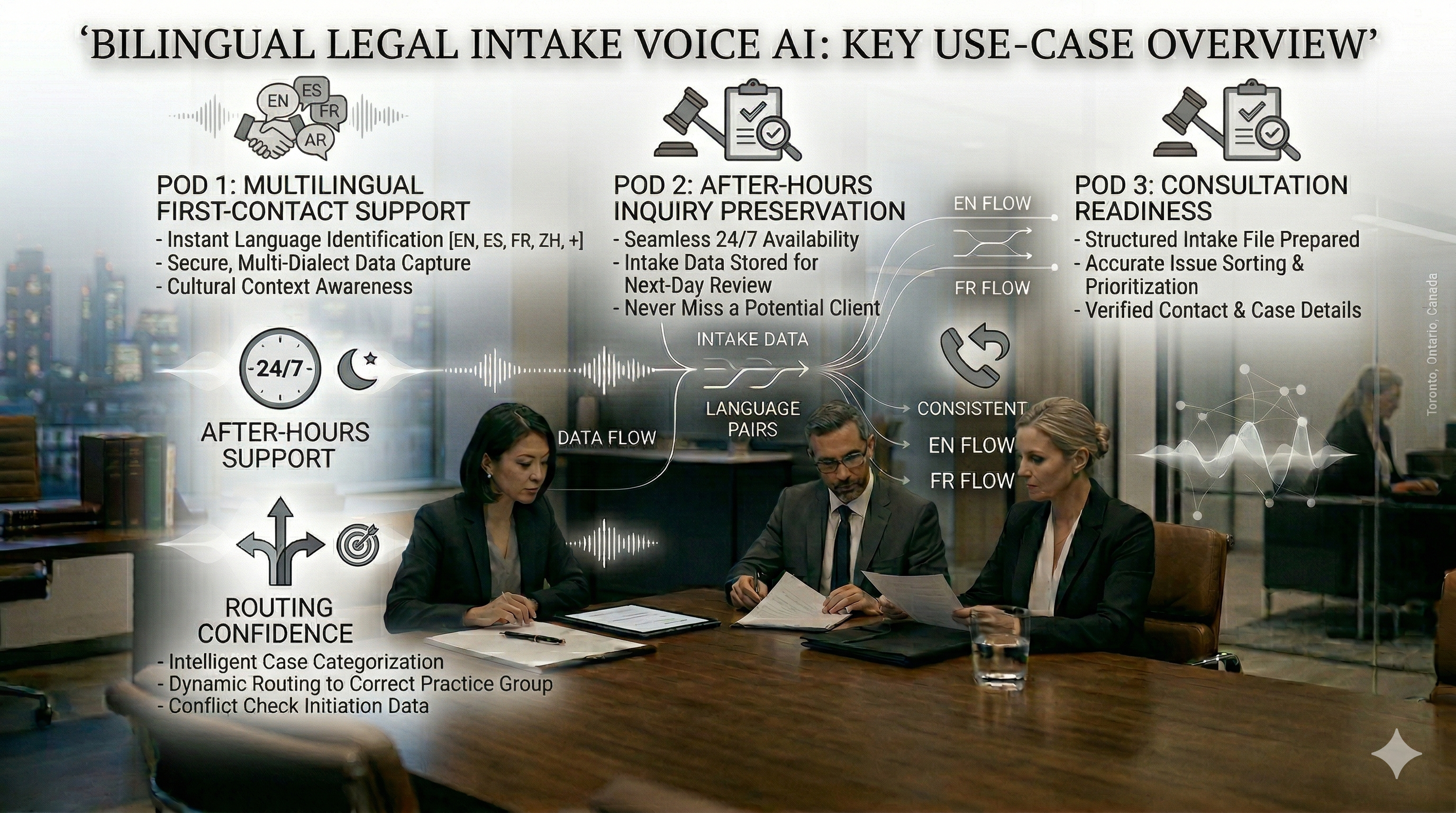 Bilingual legal intake Voice AI use cases shown as a premium law firm operations overview graphic