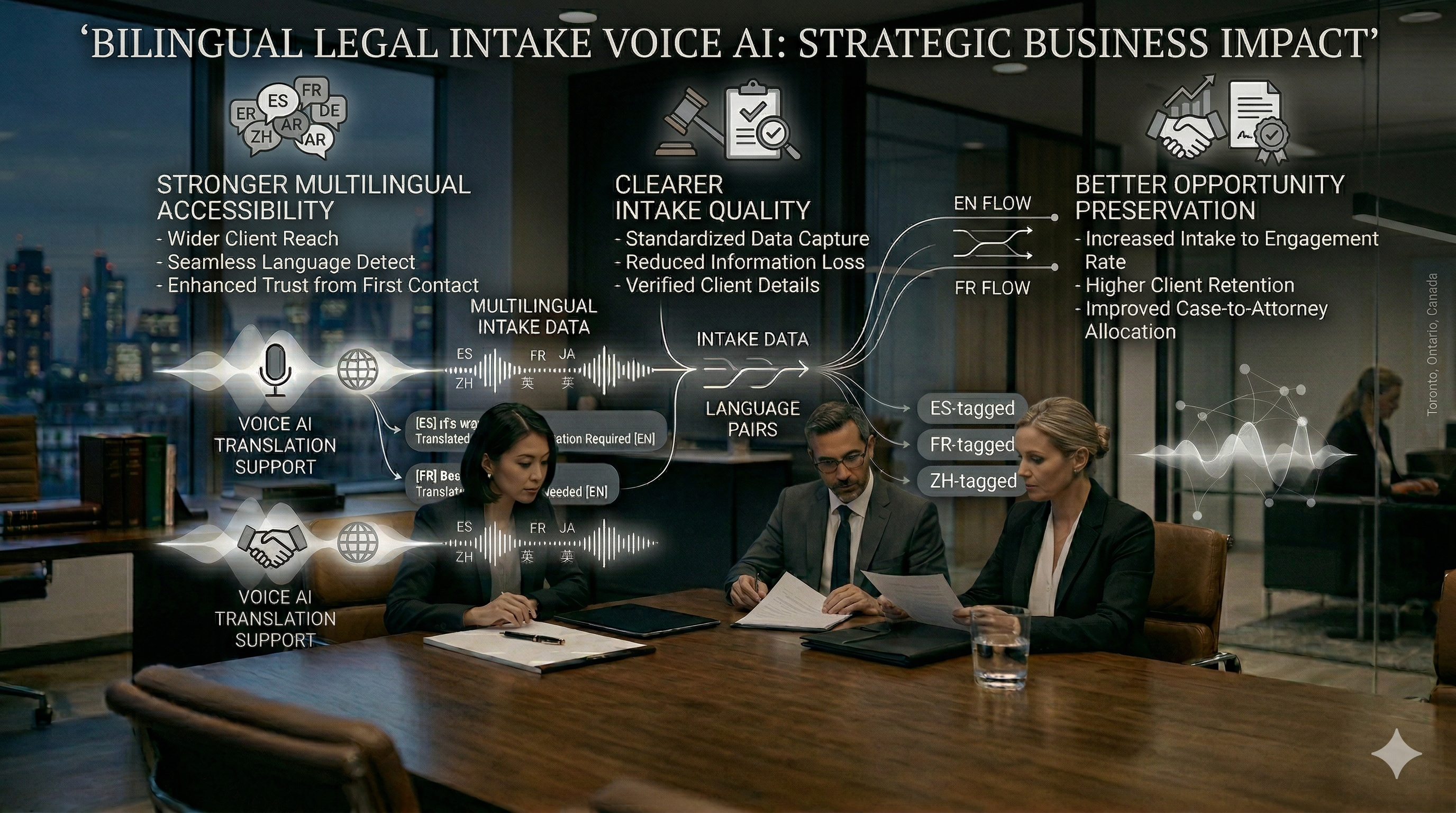 Business impact overview for bilingual legal intake Voice AI shown as a premium legal executive graphic