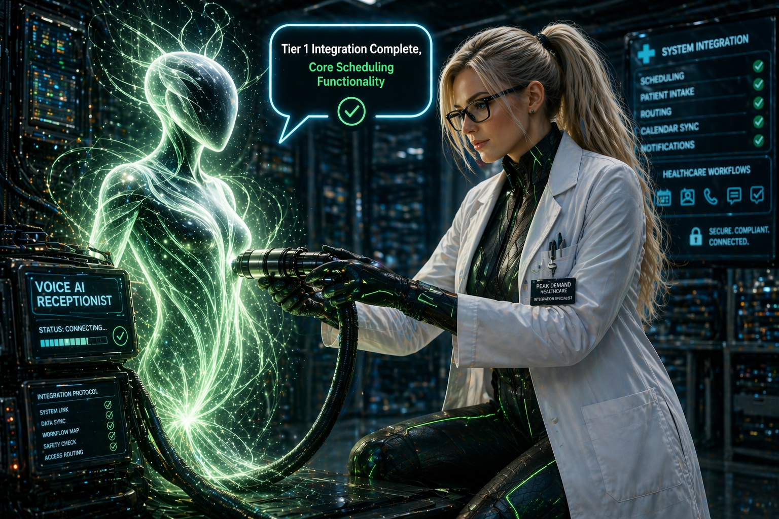 Healthcare Voice AI integrations hub visual showing virtual AI agents connecting healthcare systems workflows scheduling intake routing and patient access infrastructure
