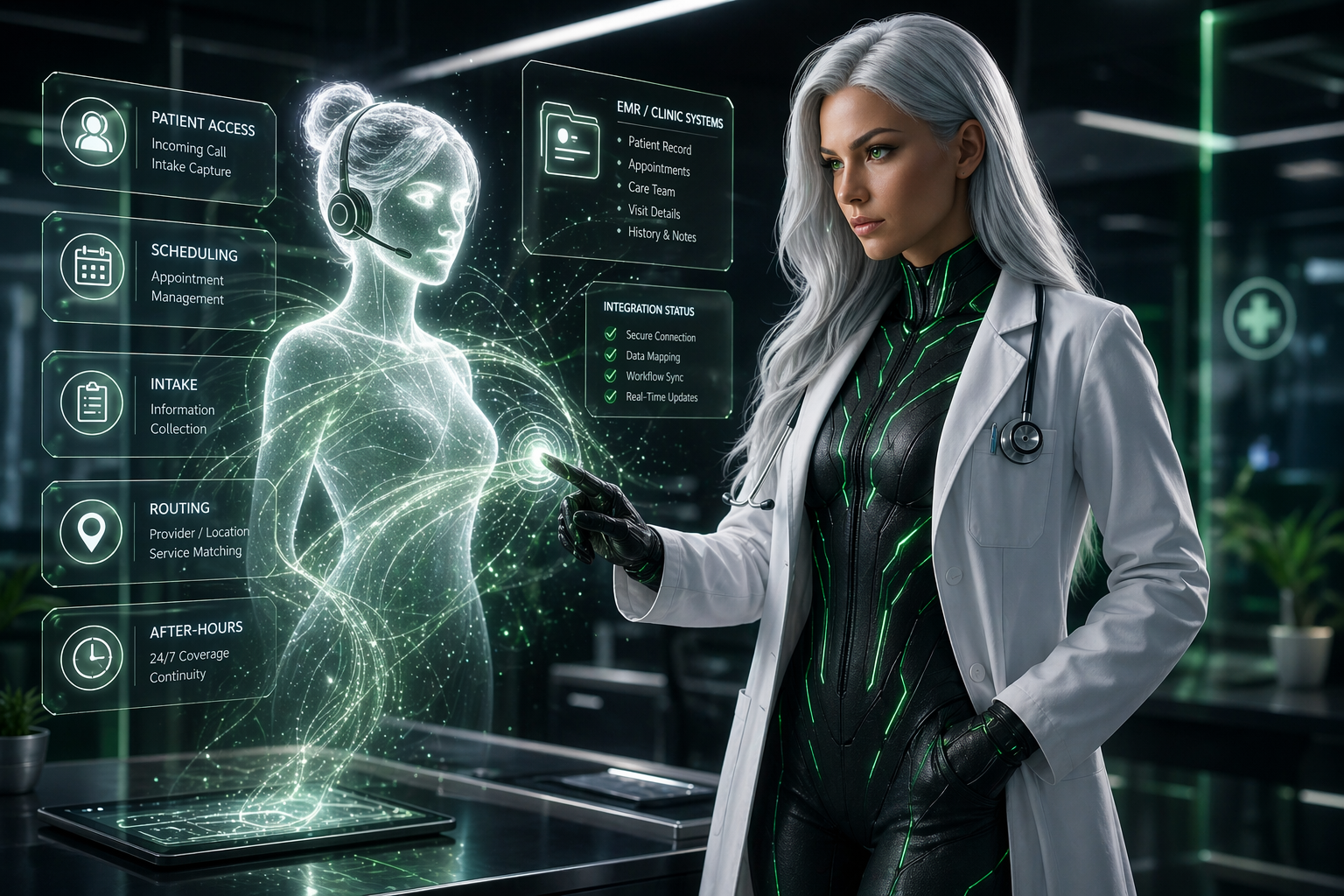 Sasha overseeing a medical and ambulatory EMR Voice AI receptionist integration across patient access scheduling intake routing and clinic communication workflows
