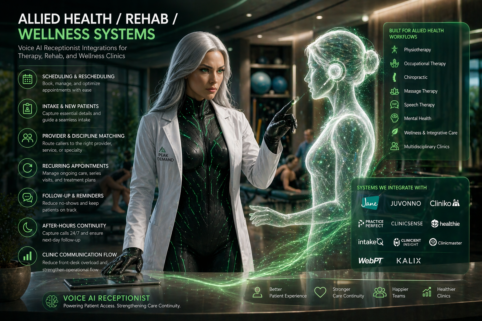 Sasha overseeing a Voice AI receptionist integration for allied health rehab and wellness systems across scheduling intake provider matching recurring appointments and follow-up continuity