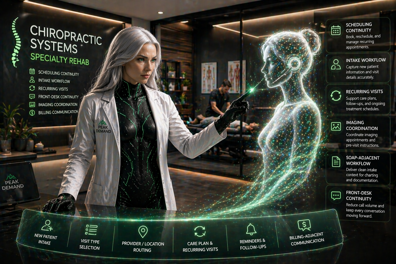 Sasha overseeing a Voice AI receptionist integration for chiropractic and specialty rehab systems across scheduling intake recurring visits imaging coordination and front-desk continuity