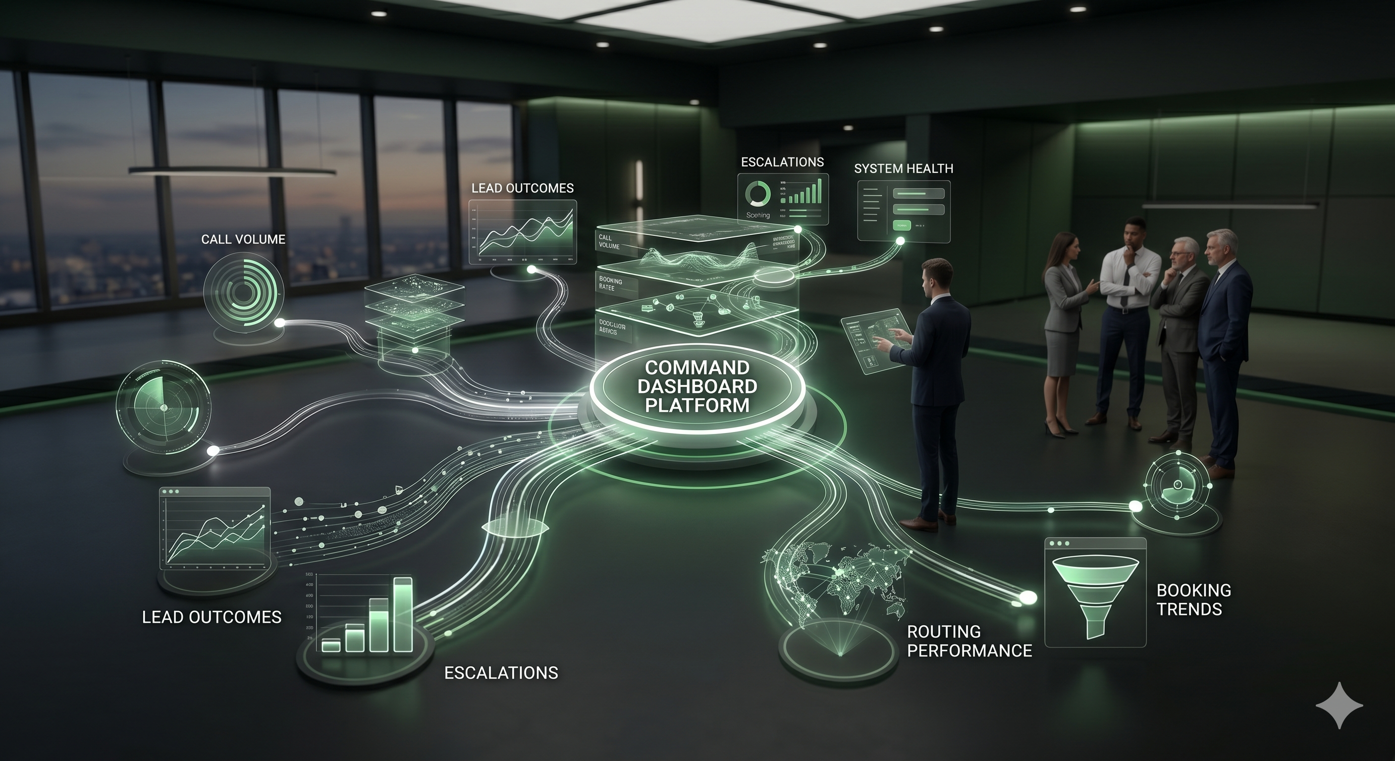 Enterprise Voice AI integrations visual showing connected departments, workflows, routing paths, and business systems