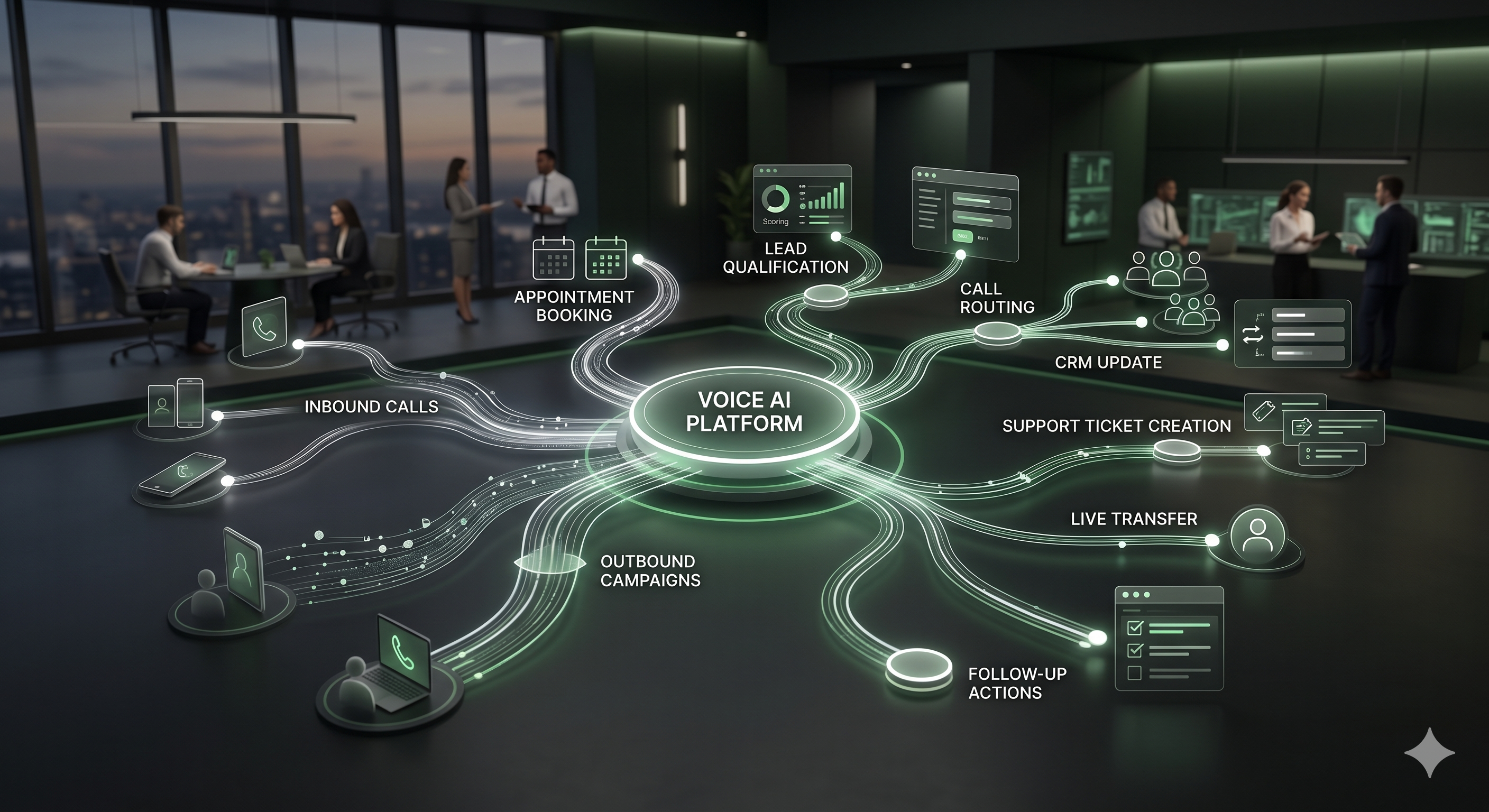 Enterprise Voice AI workflow visual showing calls moving through routing, intake, system updates, and managed business outcomes