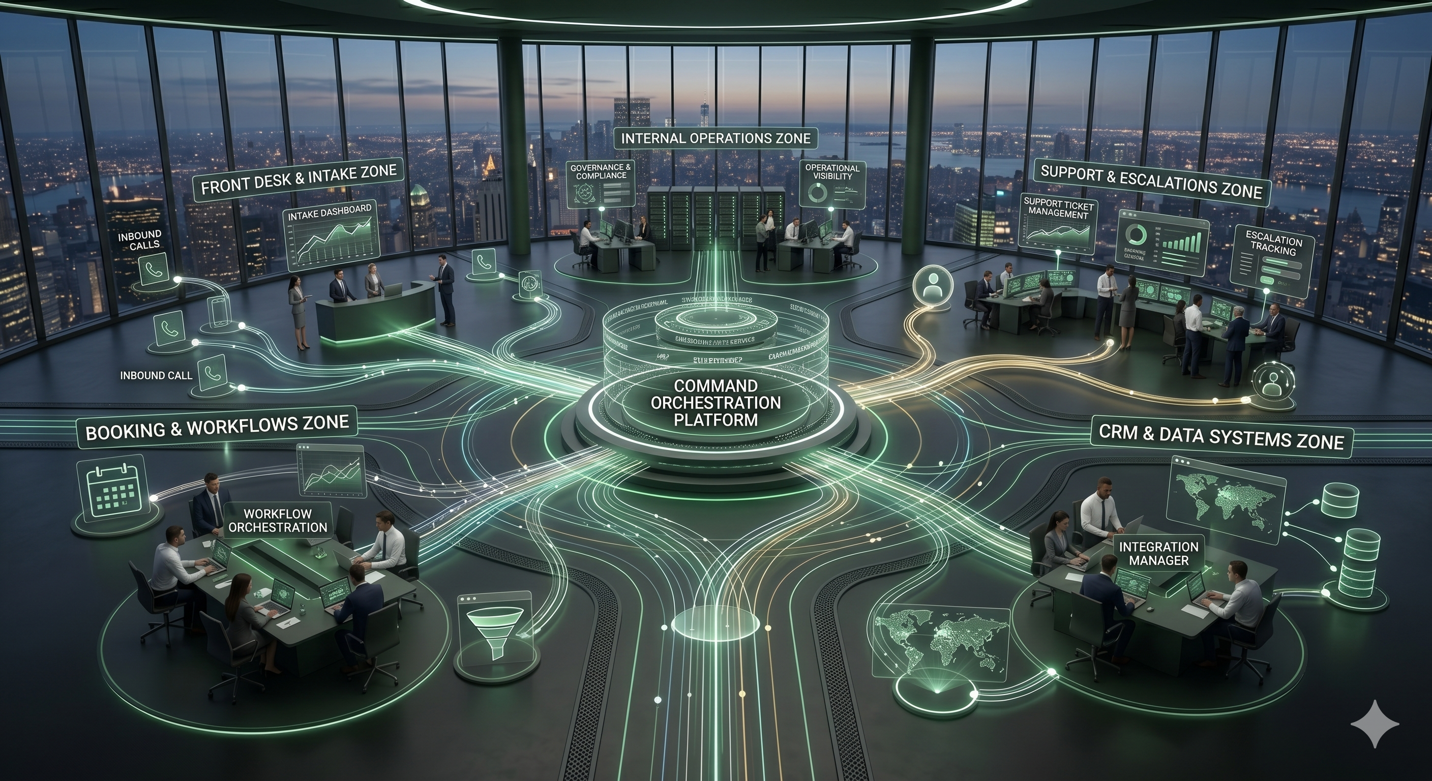 Enterprise Voice AI reporting dashboard concept showing call outcomes, operational visibility, QA, escalations, and performance monitoring