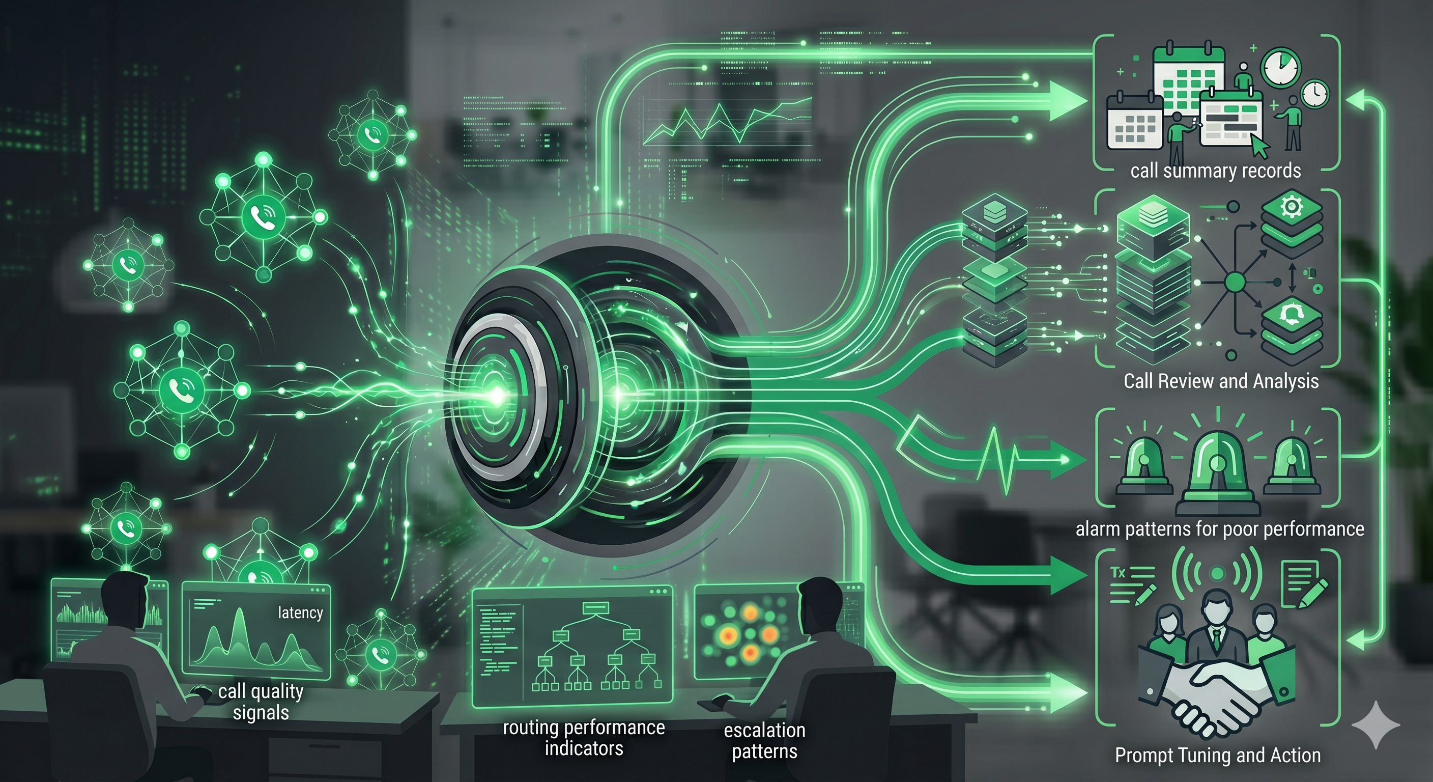Managed AI voice receptionist operations visual showing reporting dashboards, QA monitoring, call summaries, escalation patterns, and optimization