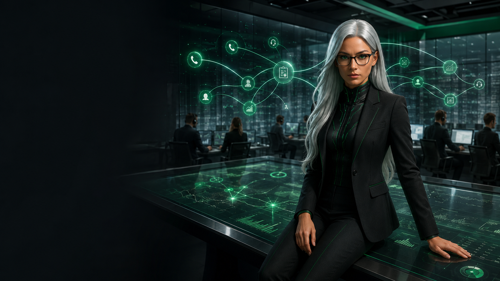 Sasha representing Peak Demand custom AI call center solutions for managed inbound calls, outbound follow-up, routing, support triage, reporting, and QA