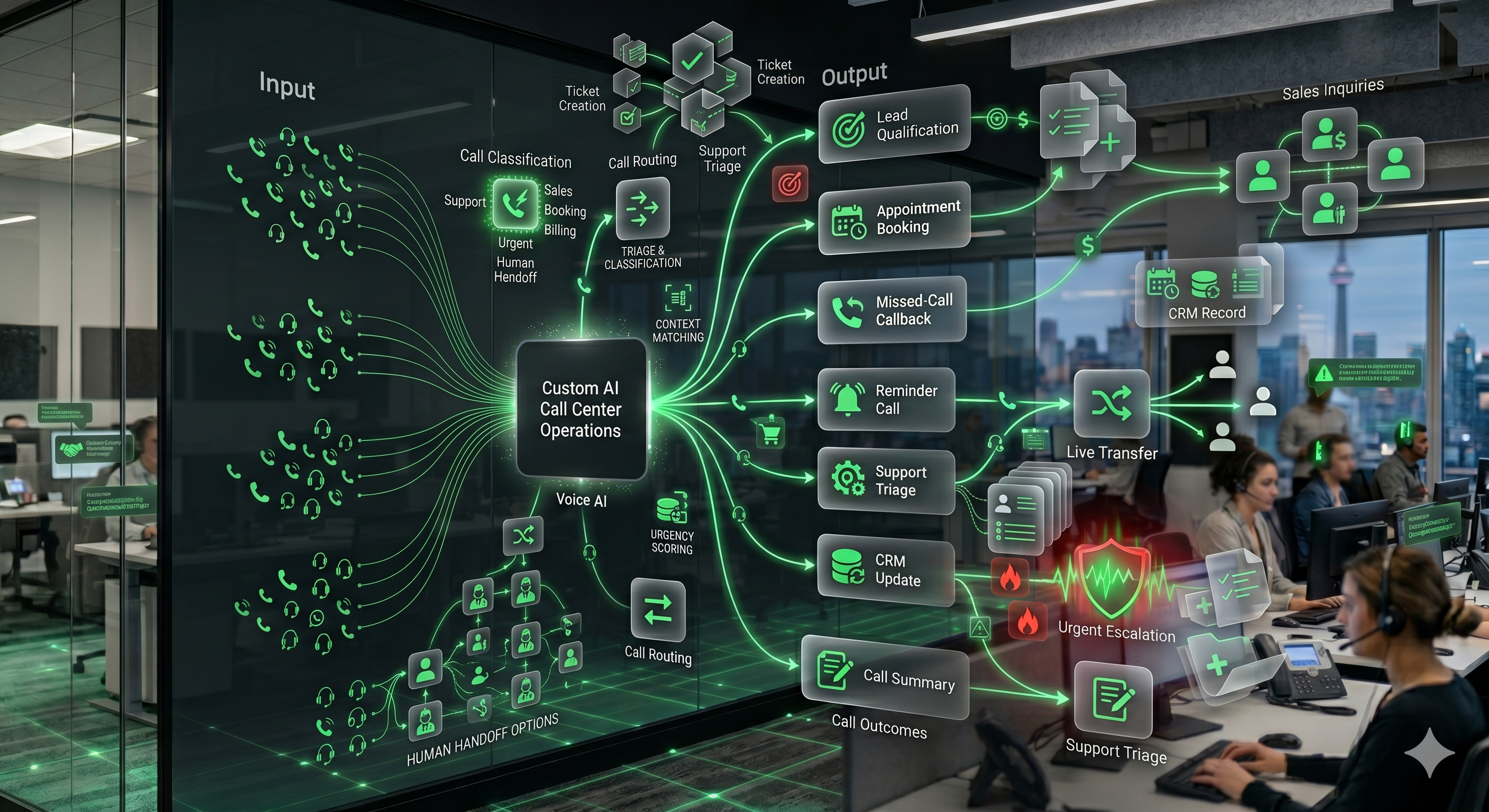 Managed AI call center reporting and QA visual showing call outcomes, dashboard reporting, failed-call analysis, workflow bottlenecks, and optimization
