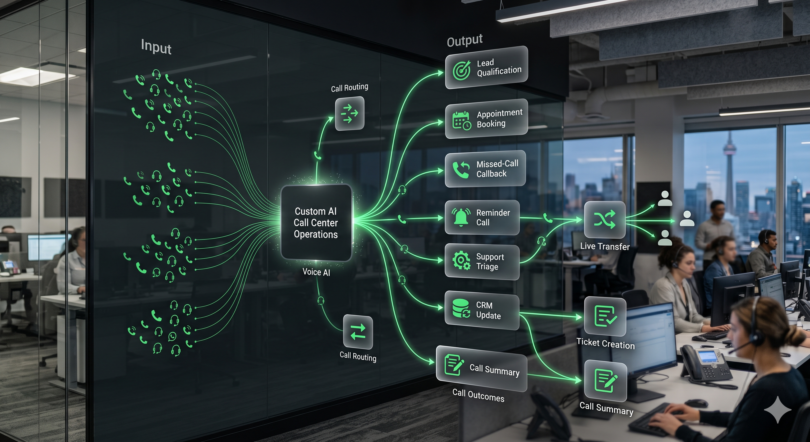Custom AI call center workflow showing inbound calls, outbound follow-up, routing, lead qualification, ticket creation, CRM updates, and call summaries