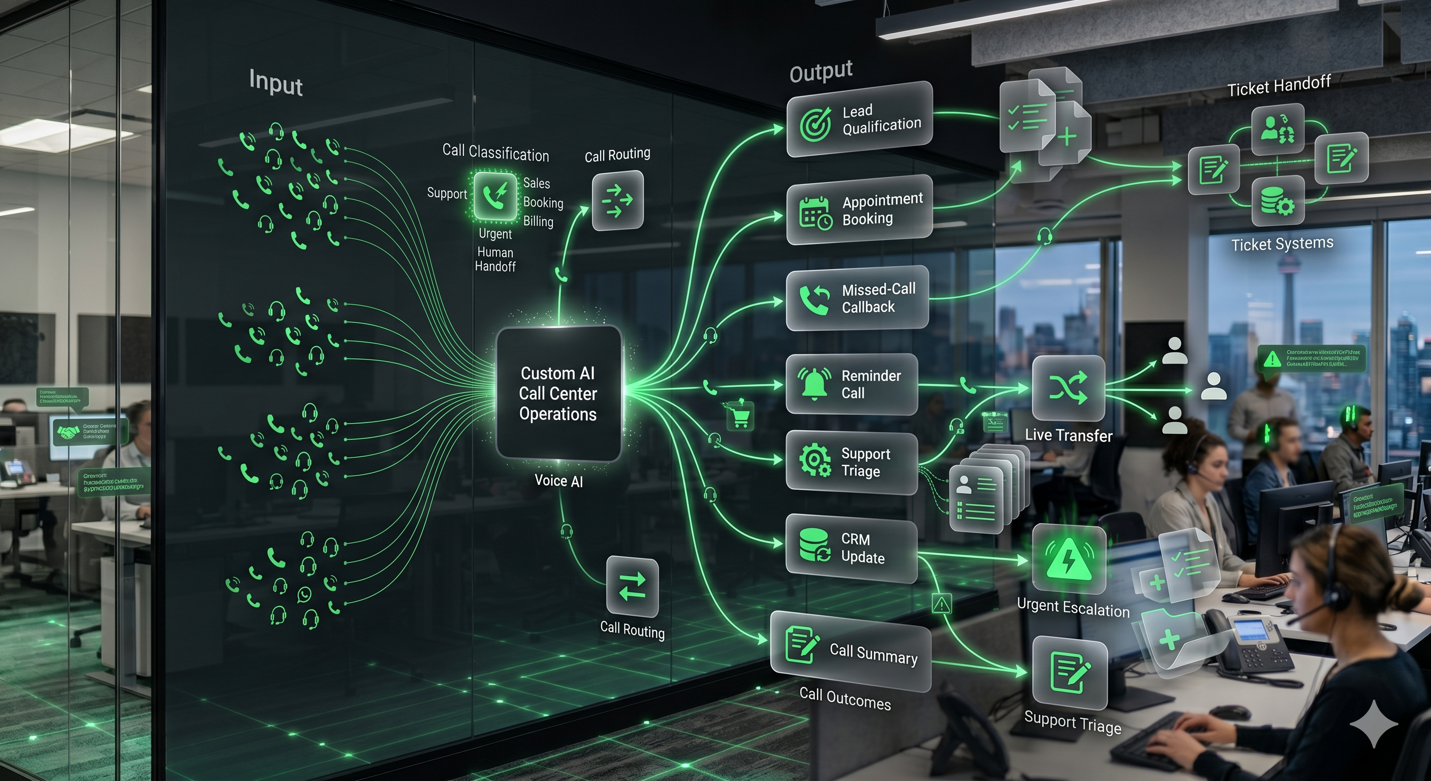Custom AI call center support triage visual showing caller classification, routing, ticket creation, escalation signals, CRM records, and staff handoff
