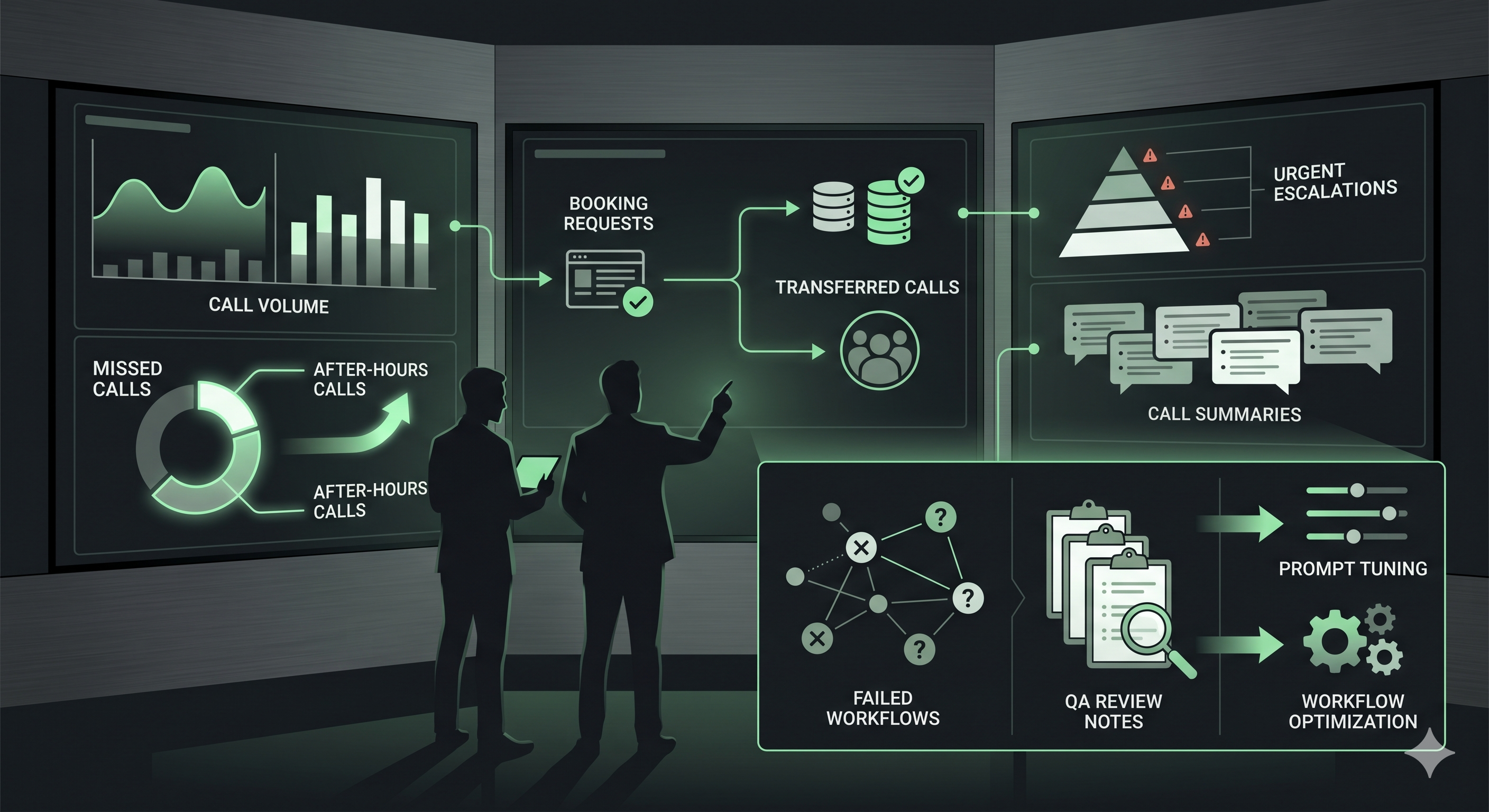 Managed inbound Voice AI reporting and QA visual showing call volume, after-hours demand, missed-call recovery, call summaries, escalation monitoring, and optimization
