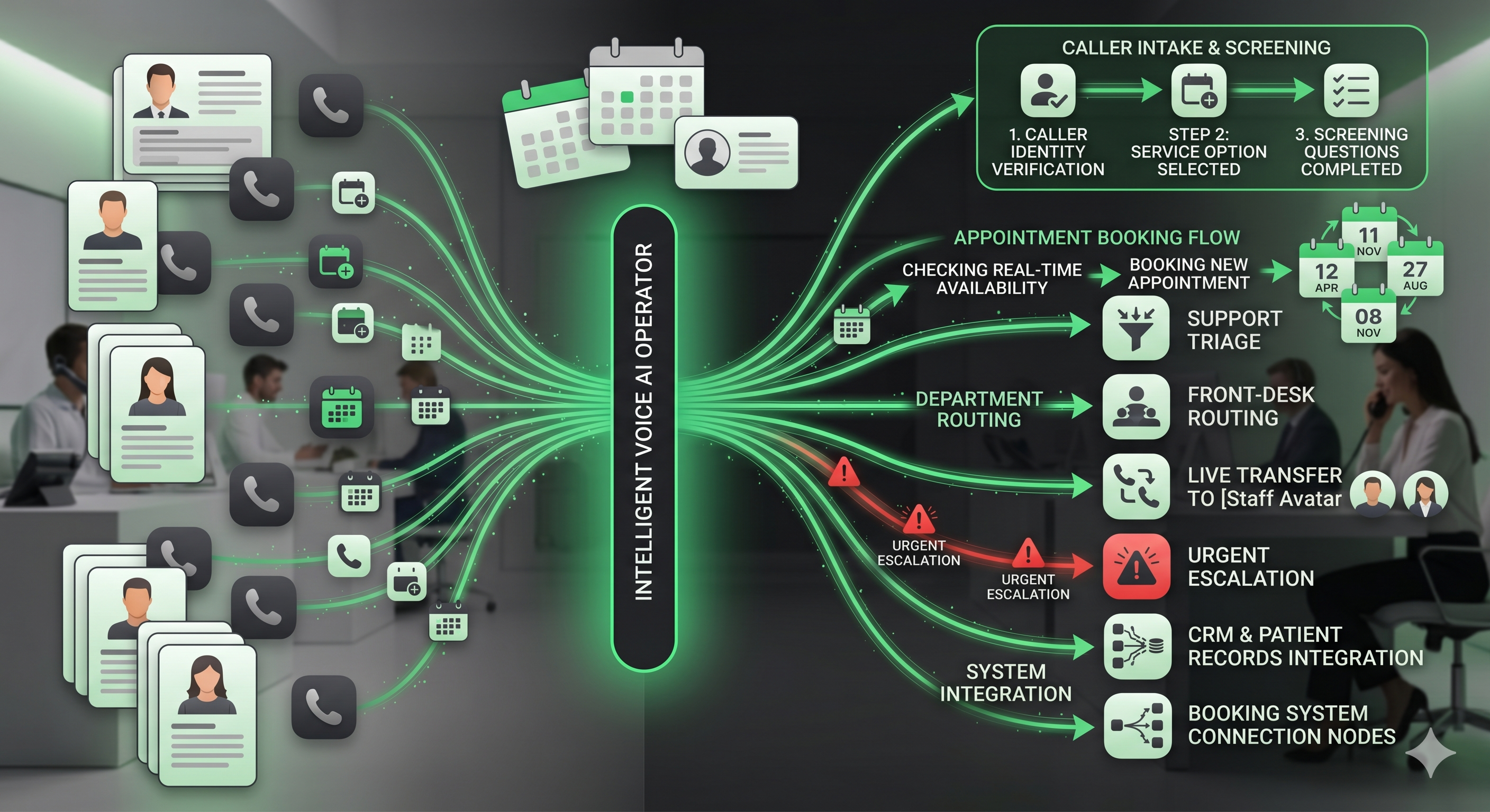 Inbound Voice AI operations visual showing intake, booking, routing, support triage, urgent escalation, staff notification, and workflow automation
