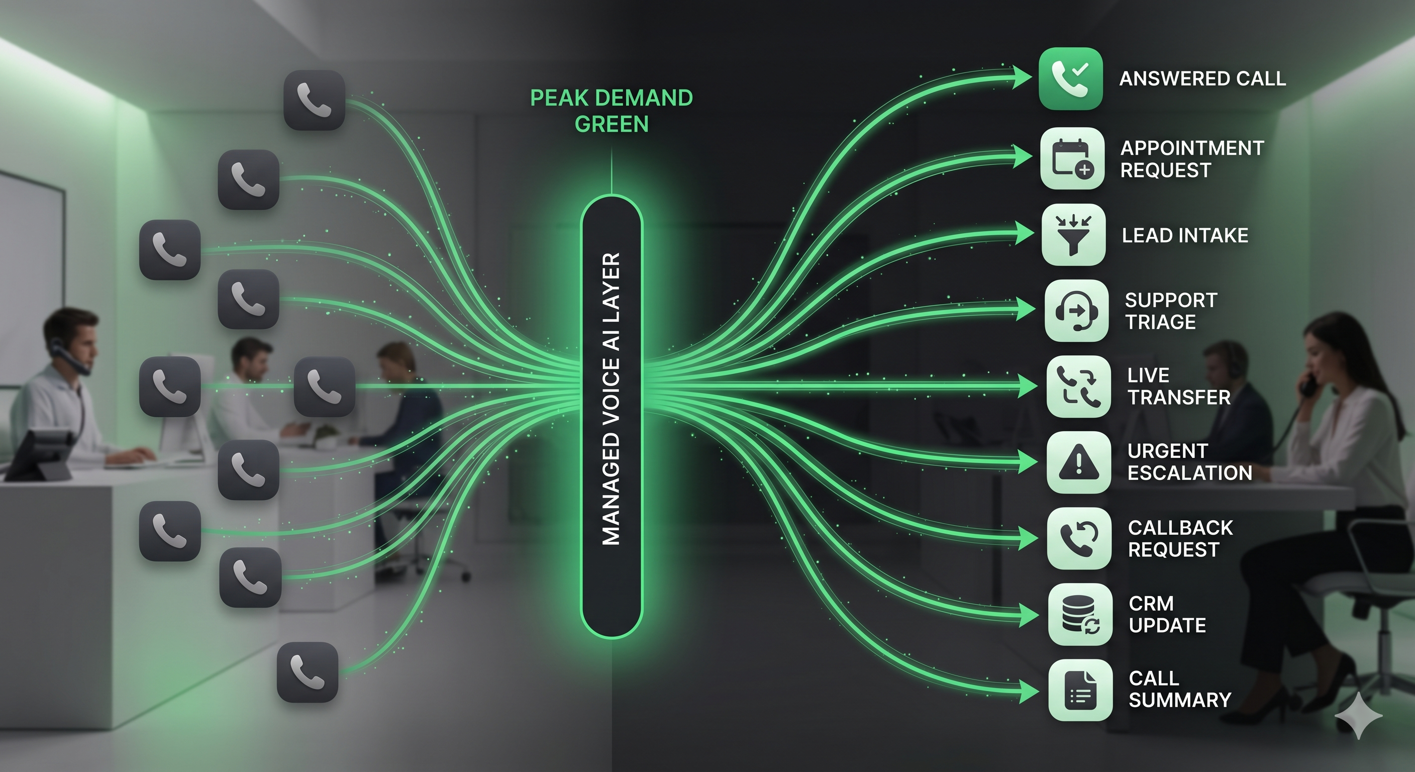 Managed inbound Voice AI workflow showing incoming calls routed into appointment requests, lead intake, support triage, live transfers, escalations, CRM updates, and call summaries