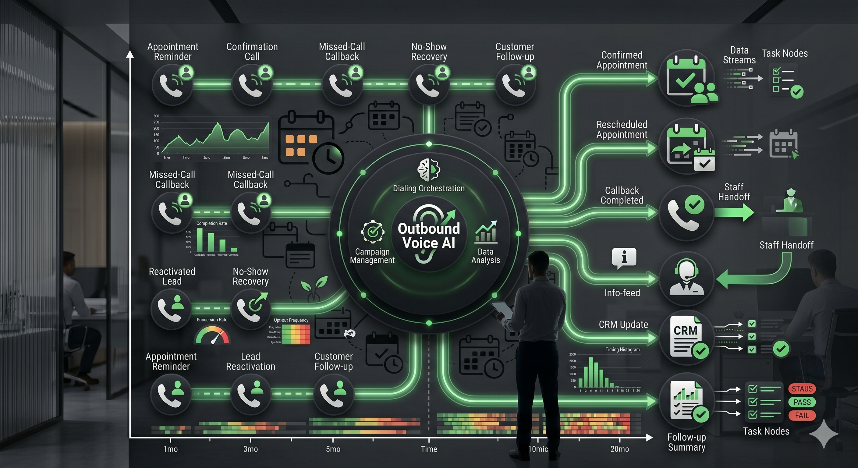 Outbound Voice AI operations visual showing appointment reminders, confirmations, missed-call callbacks, no-show recovery, reactivation, staff handoff, and CRM updates