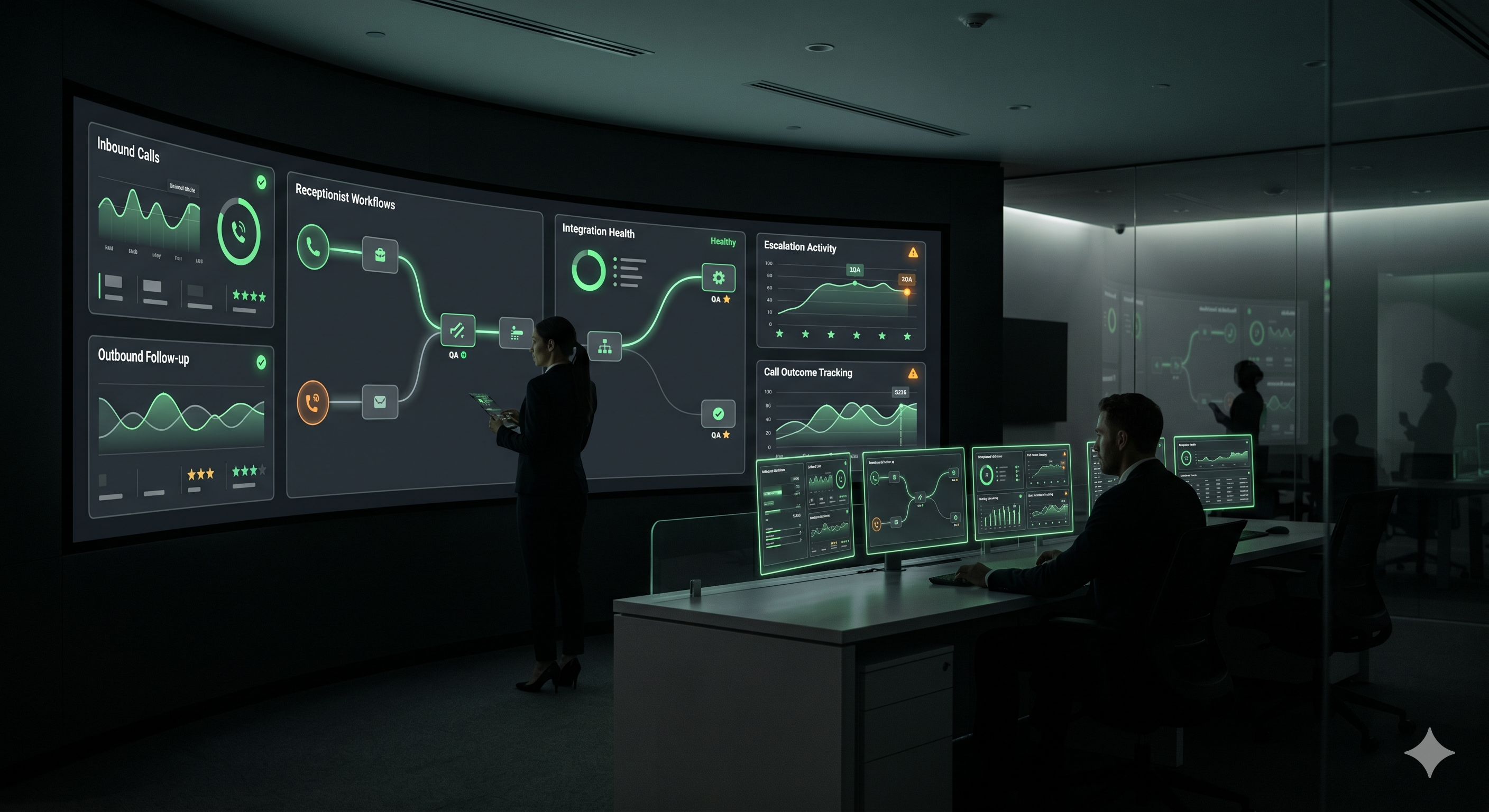 Voice AI operations monitoring visual showing inbound workflows, outbound workflows, receptionist performance, call center support, routing accuracy, integration health, and call outcomes