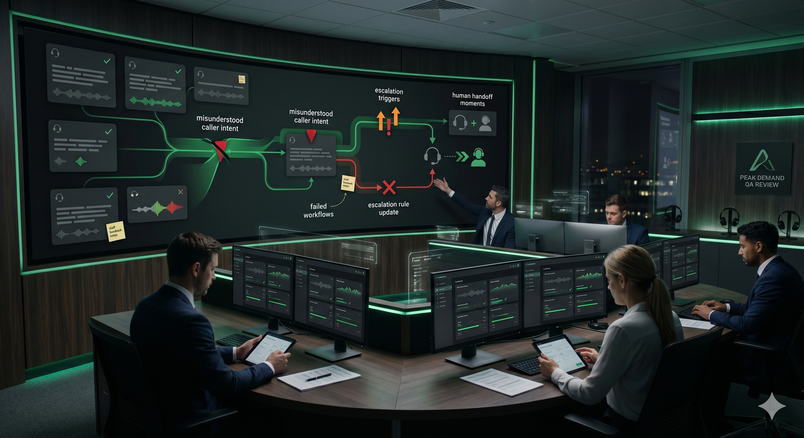 Voice AI QA and call review visual showing quality review, misunderstood caller intent, escalation triggers, failed workflows, call summaries, and staff feedback