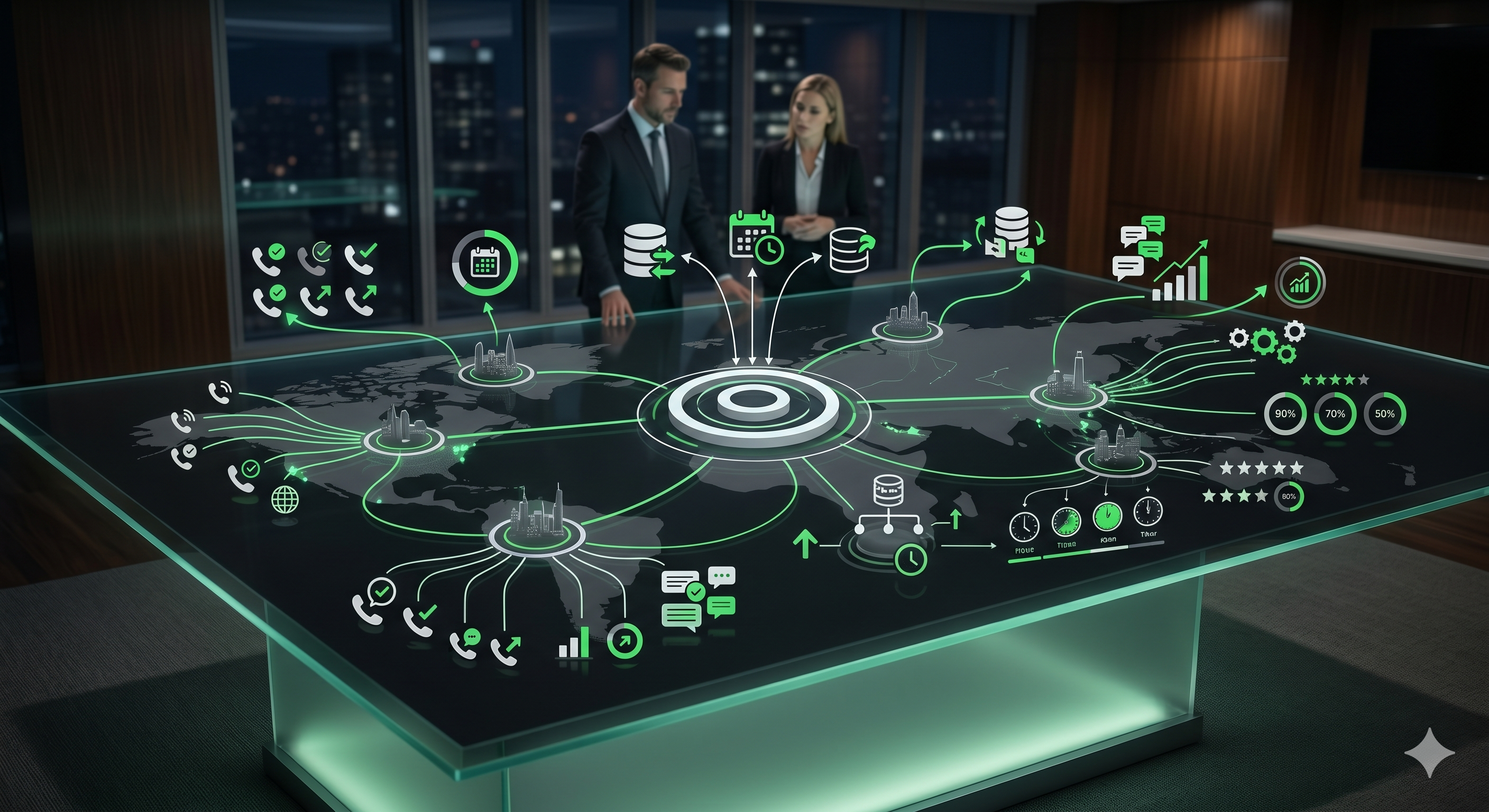 Voice AI visibility dashboard showing reporting across multiple locations, departments, connected systems, call outcomes, booking activity, CRM updates, support tickets, escalations, and QA performance