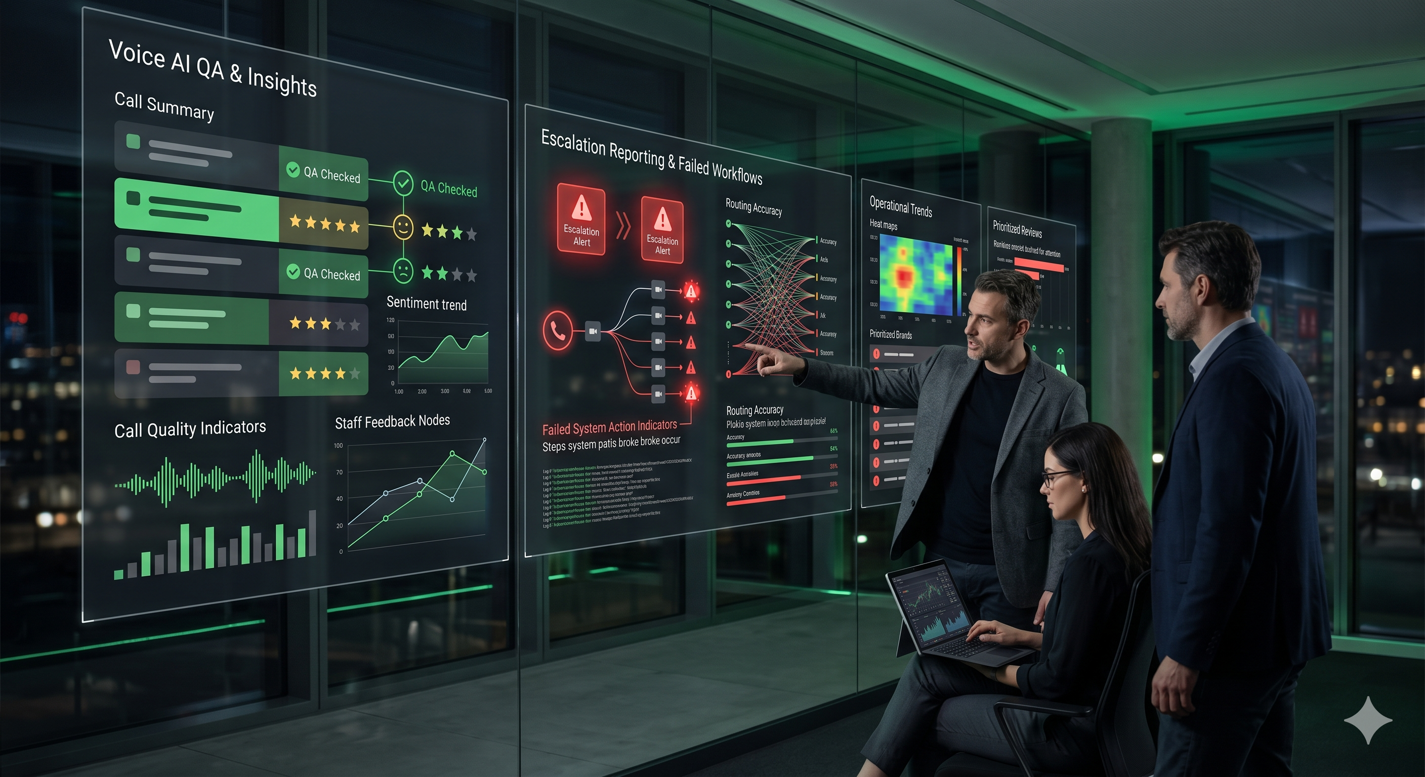 Voice AI QA reporting visual showing call quality findings, escalation alerts, failed workflow indicators, routing accuracy signals, call summaries, and staff feedback nodes