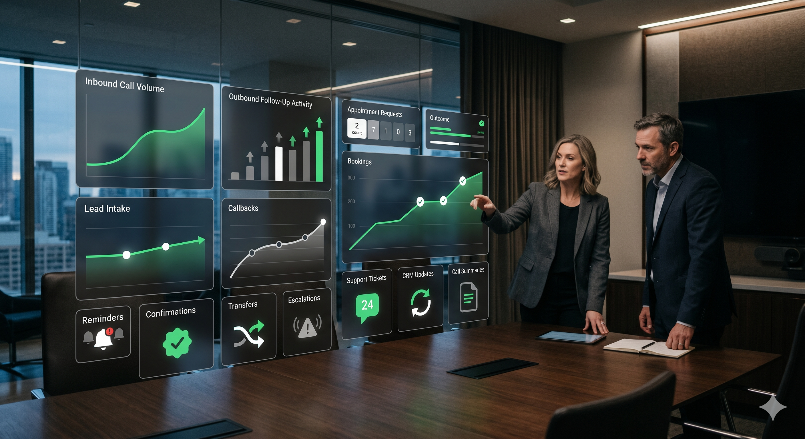 Executive Voice AI dashboard visual showing inbound call volume, outbound activity, appointment requests, bookings, lead intake, callbacks, reminders, confirmations, escalations, CRM updates, and call summaries