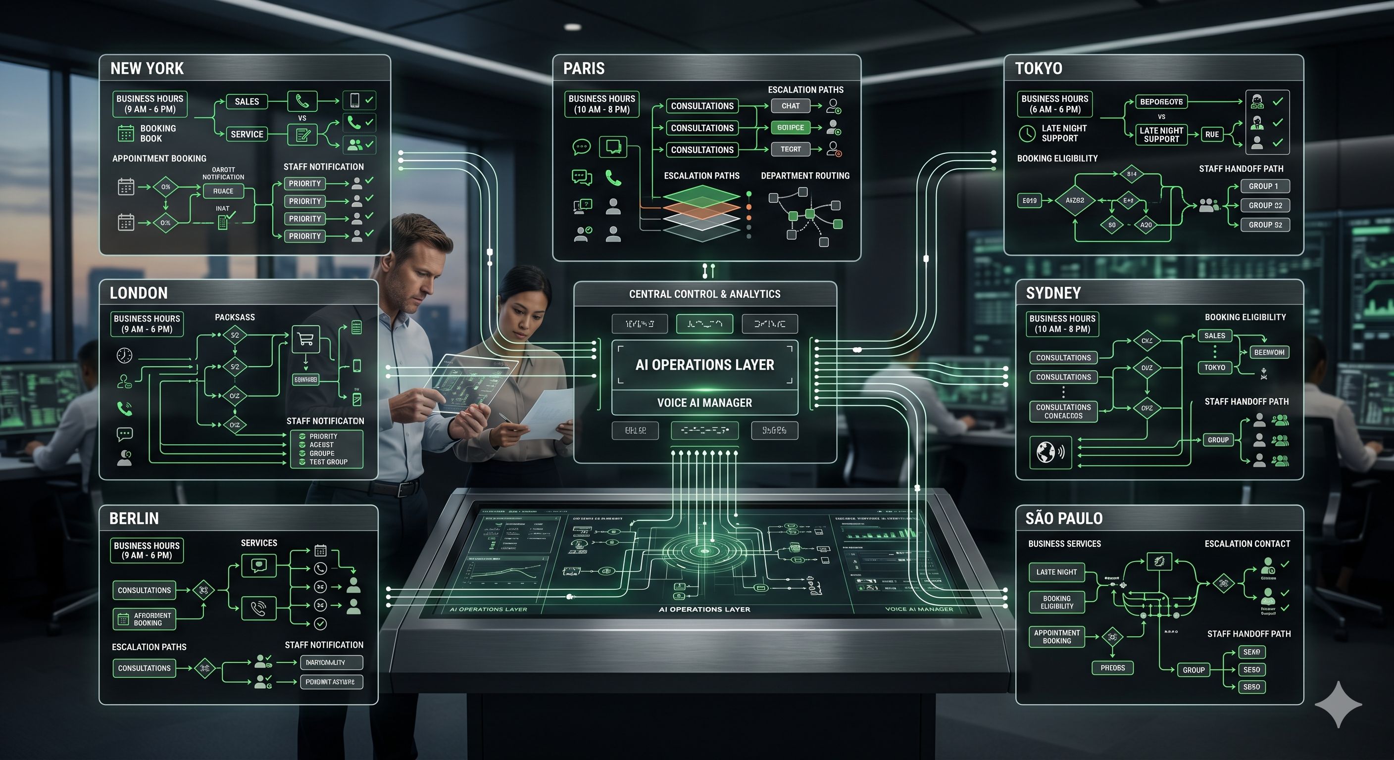 Location-specific Voice AI workflow visual showing multiple locations with different business hours, service rules, appointment types, staff handoffs, escalation paths, and centralized AI management